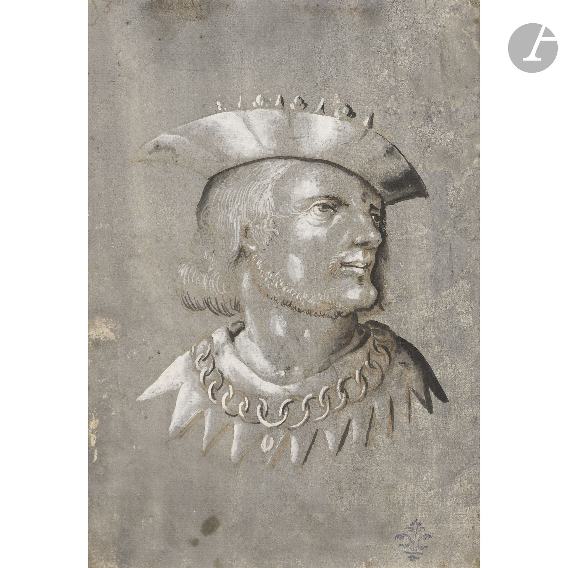 16th-CENTURY FRENCH OR GERMAN SCHOOL
Double-sided sketch: Artist at His Workbench / Portrait of a Man Wearing a Hat 
Pen and Indian ink, with highlights of white gouache and gold on gray-primed paper.
Annotated: “C” at the top and numbered “4” and “3” on the reverse.
Unidentified stamp in the lower right corner.
(Surface wear, small tear in the upper right corner, sun-faded).
16.3 x 23.5 cm

Provenance:
Bayeux Enchères auction, Hôtel Drouot, Paris, July 13, 2020, lot 8.

Several drawings by the same artist have been published as works from the studio of Jacob Weyer (1623–1670) (see: Timo Trümper, *Der Hamburger Maler und Zeichner Jacob Weyer (1623–1670)*, nos. ZD 31-32-33). Clearly, this series is the work of an artist from an earlier period, either French or German.