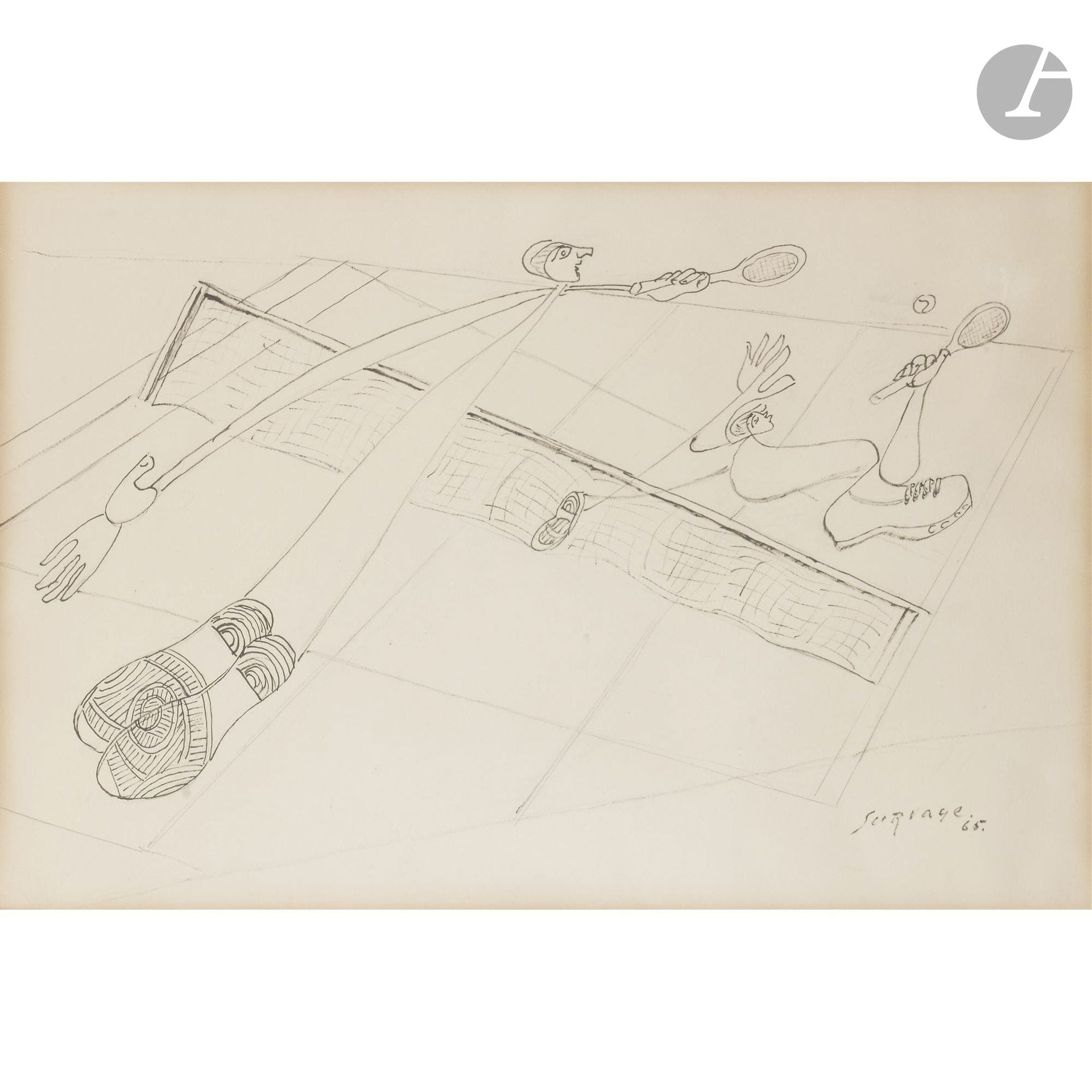 Léopold SURVAGE (1879–1968)
The Tennis Match, 1965
Ink.
Signed and dated lower right. (Faded at the edges).
37 x 54 cm
