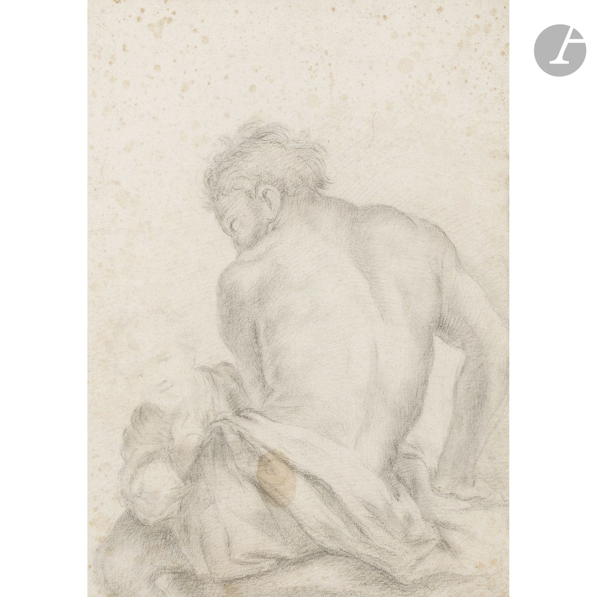 17th-Century FLORENTINE SCHOOL 
Man seen from behind and a child 
Black chalk and stump.
Small sketch on the reverse.
(Damage to the edges, sun-faded, scattered foxing, creases, and stains).
40.2 x 29.5 cm