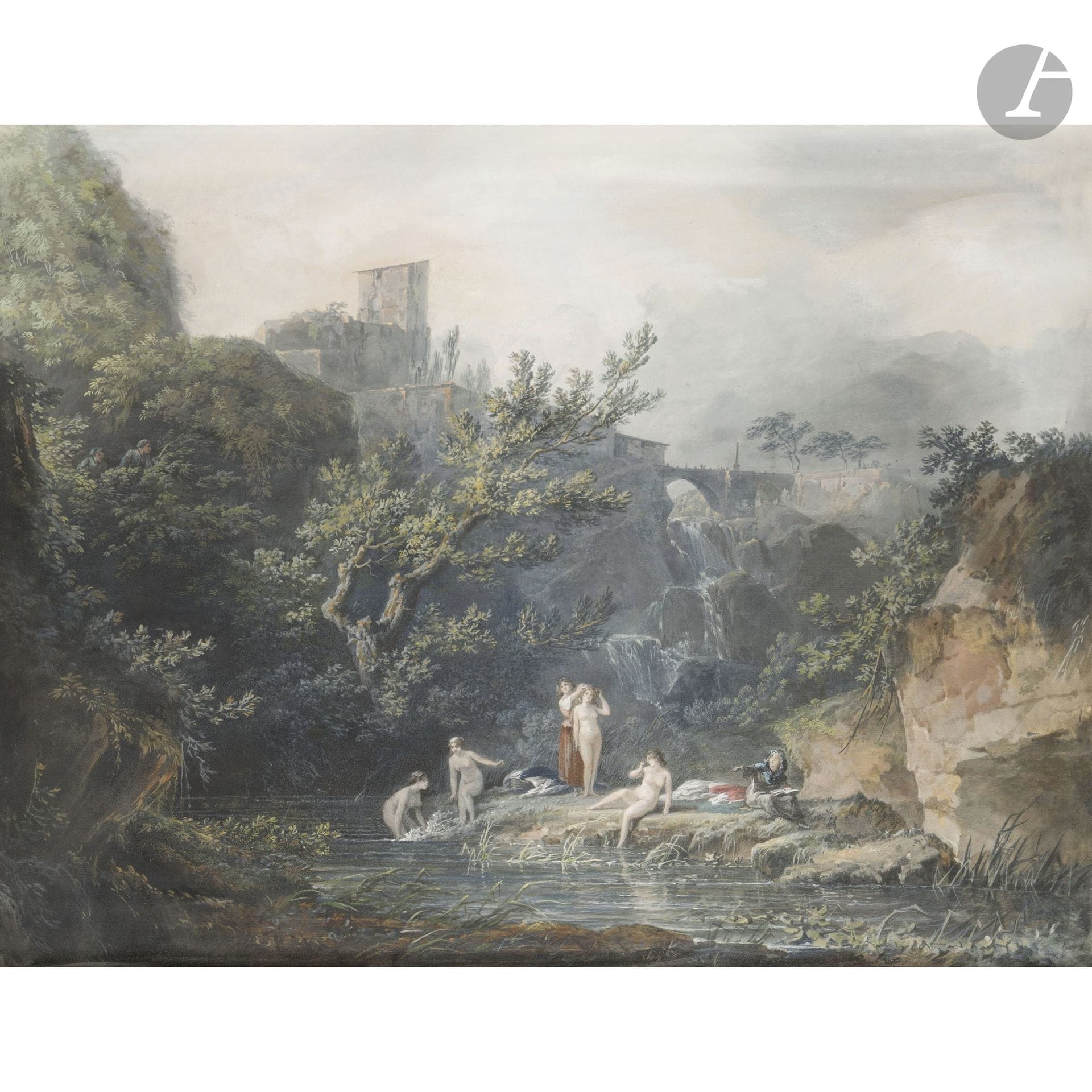 Alexandre Jean NOËL (Brie-Comte-Robert 1752 – Paris 1834)
Bathers at Tivoli
Gouache on paper mounted on canvas.
67 x 87 cm