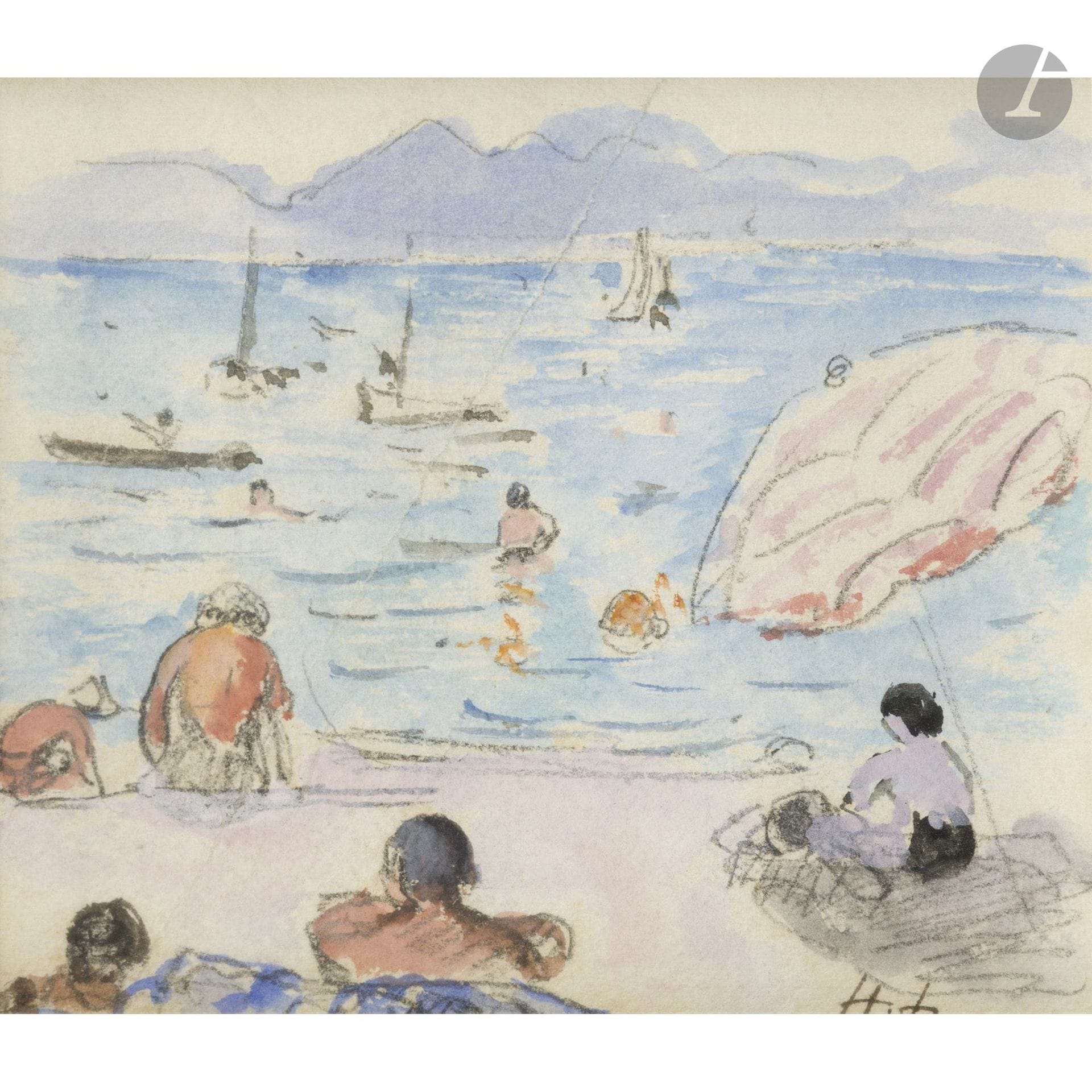Henri LEBASQUE (1865–1937)
Beach Scene
Gouache over pencil lines.
Monogrammed in the lower right corner.
7.5 x 9 cm