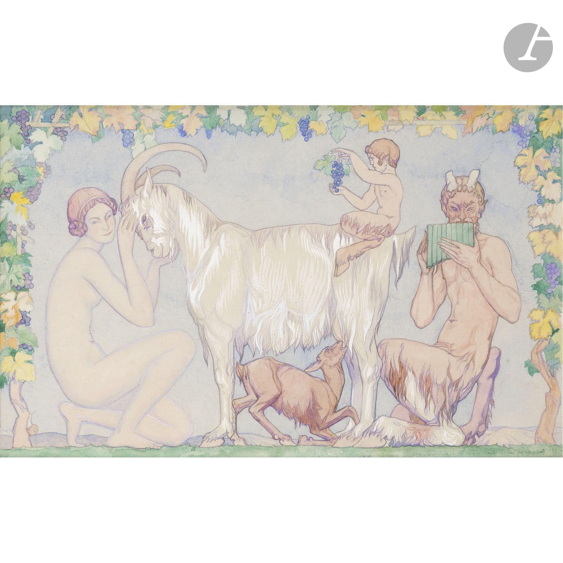 Maurice Sébastien LAURENT 
(1887–1973)
Bacchanalia
Watercolor.
Signed lower right.
19 x 29.5 cm
