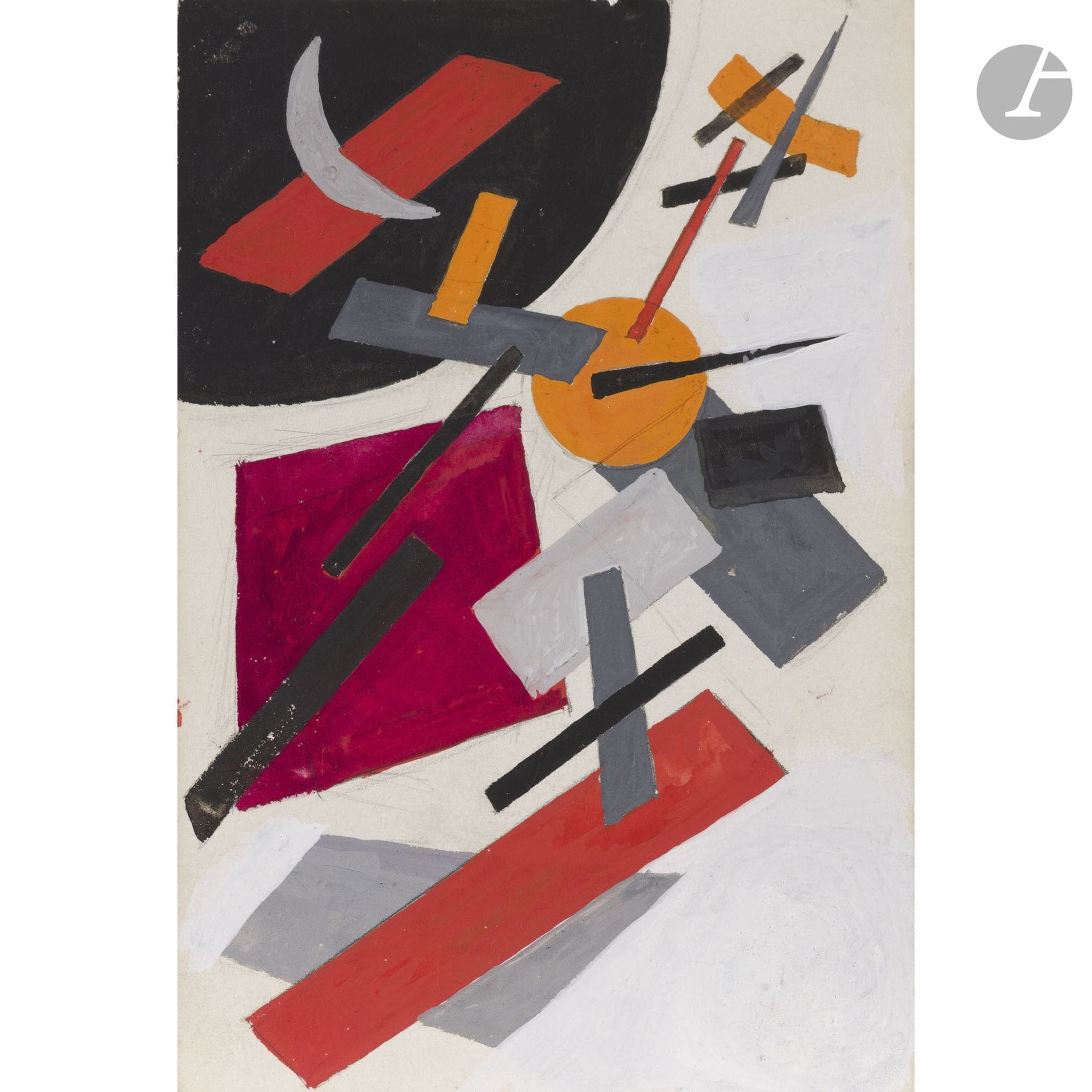 Nadia KHODOSSIEVITCH-LÉGER (1904–1982)
Suprematist Composition, ca. 1970
Gouache over graphite lines.
Unsigned.
21 x 13.5 cm

A certificate from the Nadia Léger Committee may be provided upon request and at the purchaser’s expense.