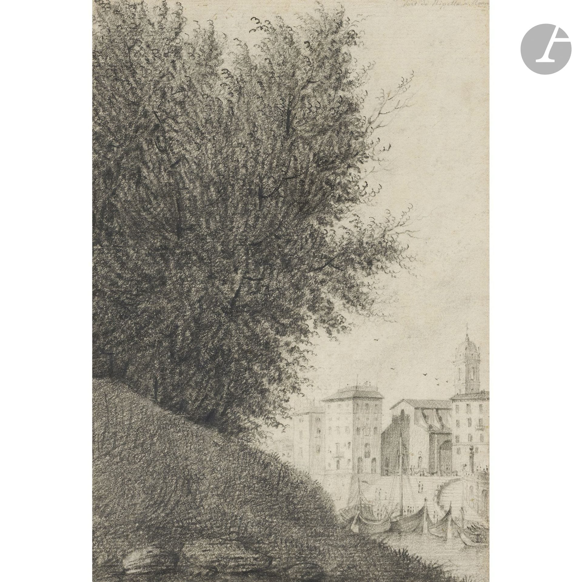 FRENCH SCHOOL, ca. 1800
The Port of Ripetta, Rome
Black pencil.
Signed in the upper right corner.
21 x 15 cm