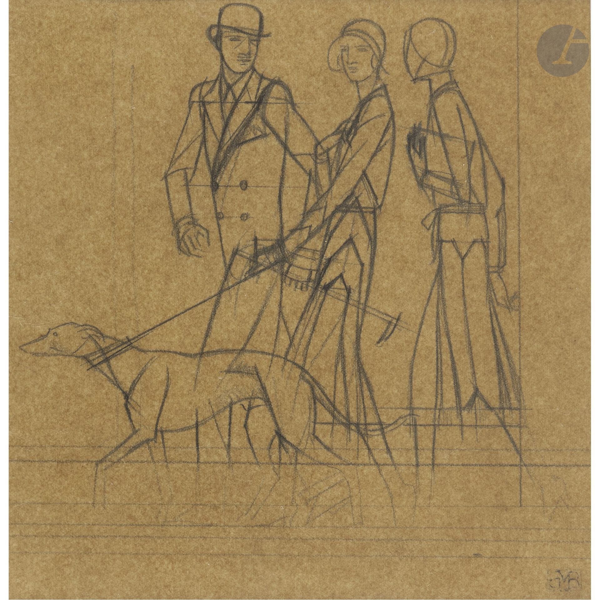 Bernard BOUTET DE MONVEL (1881–1949)
Gentleman and Ladies with a Greyhound
Graphite on tracing paper.
Monogram stamp in the lower left corner.
16 x 15.5 cm