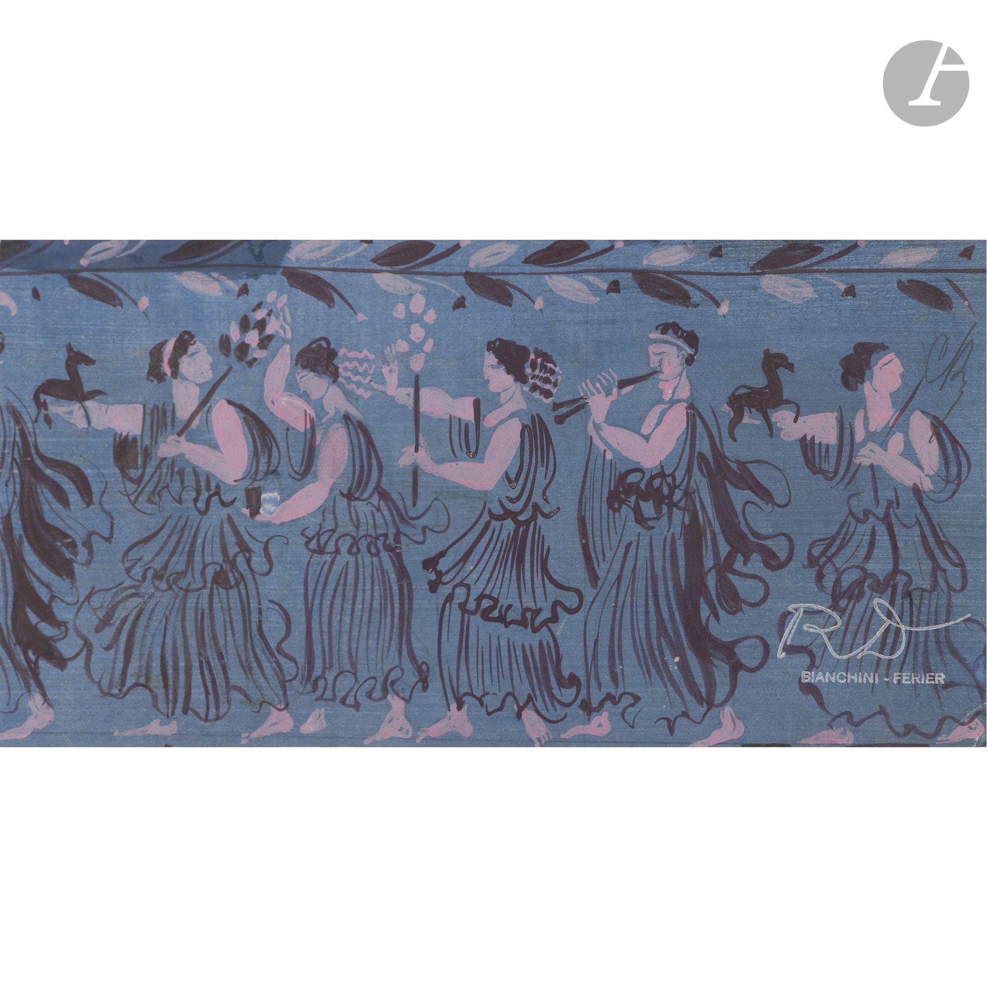 Raoul DUFY (1877–1953)
A Procession of Greek Dancers—Study for Bianchini-Férier
Gouache.
Monogram stamp and “Bianchini-Férier” in the lower right corner.
14 x 27 cm