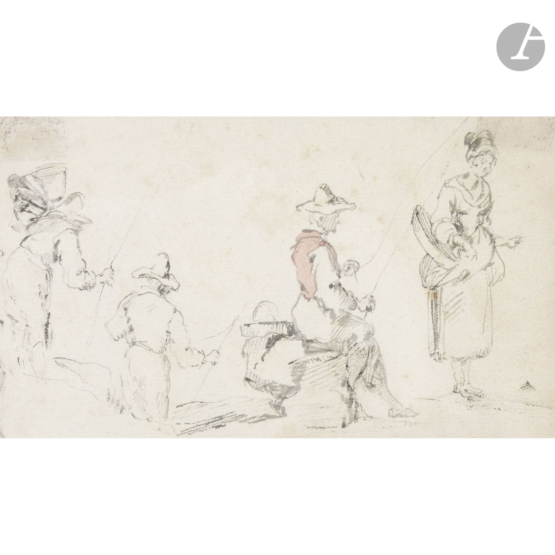 Charles Frédéric SOEHNE 
(Landau 1789 – Le Pré-Saint-Gervais 1878)
Study of Fishermen
Pen, black ink, and watercolor.
10 x 18 cm
In a carved wooden frame.