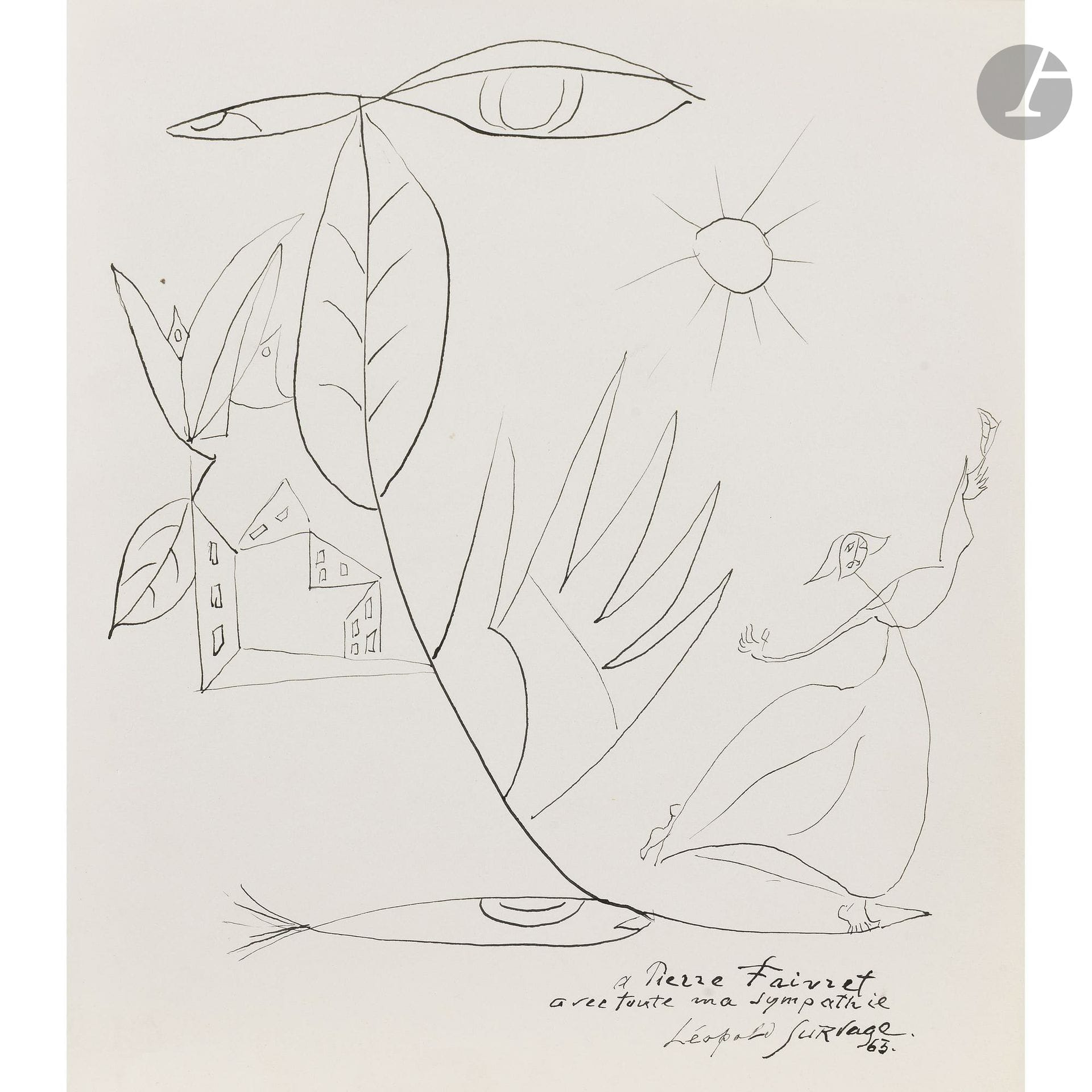 Léopold SURVAGE (1879–1968)
La Danse, 1963
Ink.
Signed and dated lower right.
Inscribed “To Pierre Faivret with all my best regards” in the lower right corner.
26 x 23.6 cm