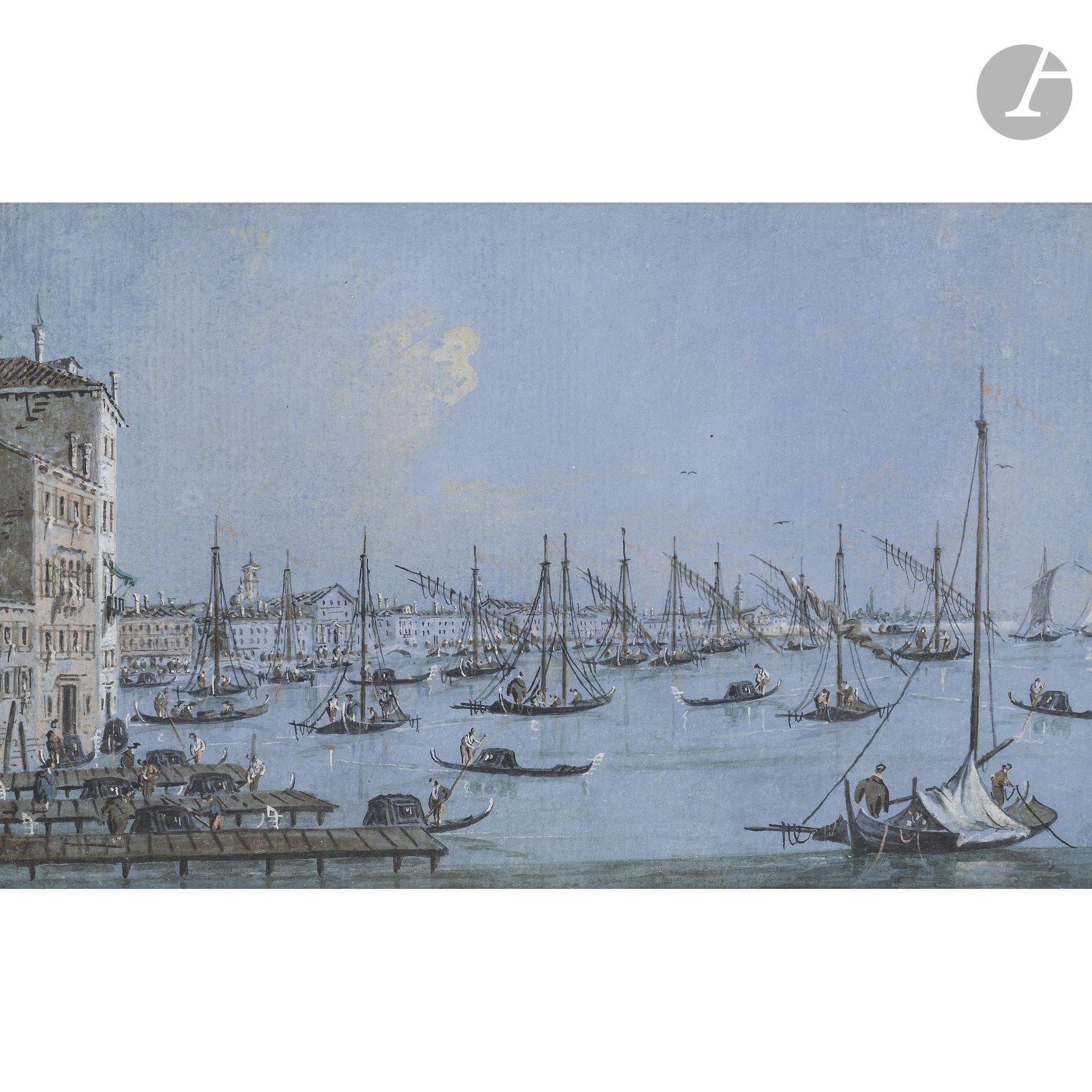 Giacomo GUARDI (Venice 1764–1835)
Riva degli Schiavoni
Gouache.
Signed on the back.
Handwritten inscription on the reverse.
15 x 23 cm