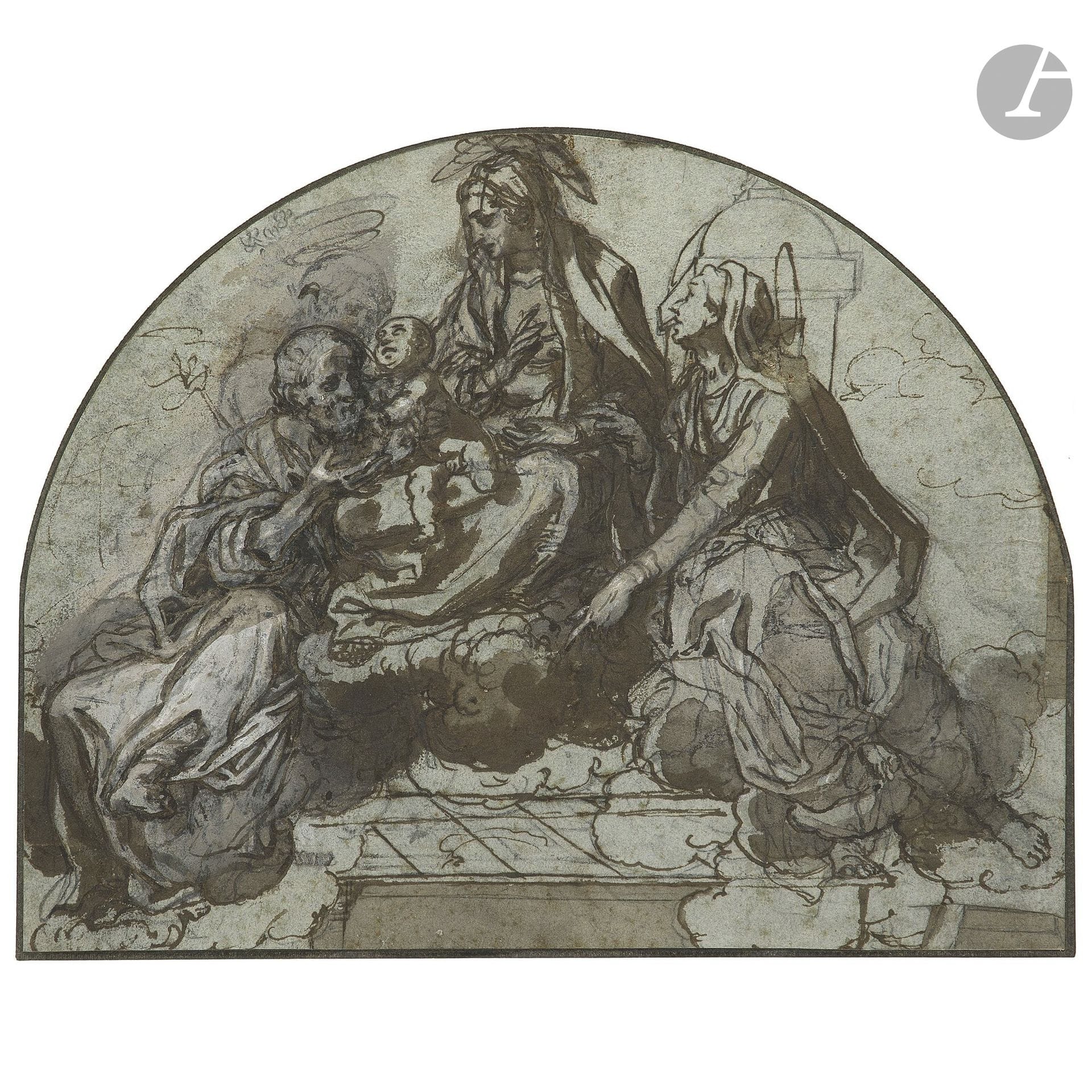 Andrea LILIO (Ancona 1555 – Ascoli Piceno 1642)
Virgin and Child Flanked by Saint Anne and Saint Joseph
Pen and brown ink over black pencil lines, brown wash, and highlights in white gouache on blue paper.
Traced with a stylus.
(Small spots and foxing, two small losses along the right edge and in the lower right corner).
20.2 x 25.7 cm

This drawing is a preparatory study for the upper section of Andrea Lilio’s altarpiece, *The Madonna of Loreto and the Saints*, housed in the Church of San Francesco alle Scale in Ancona (see: Massimo Pulini, *Andrea Lilio*, Milan, Federico Motta Editore, 2003, p. 179, cat. 96, reproduced on p. 114). The upper part of the painting depicts the Holy House and the Holy Family accompanied by Saint Francis. Above the house, we see the Holy Family from our drawing, with variations in Saint Anne’s arm and the upper part of Saint Joseph’s figure. Our sheet also shows corrections on the heads of the Virgin and Saint Joseph, highlighting Lilio’s preparatory work, which was still in progress. 

The Virgin’s house in Nazareth, known as the Holy House and later as the House of Loreto, was miraculously transported to the Marche region of Italy following the fall of Saint John of Acre in 1291, marking the end of the medieval Crusades. It is said to have been carried by angels to Loreto, where it became an important pilgrimage site around which the Basilica of Loreto was built.