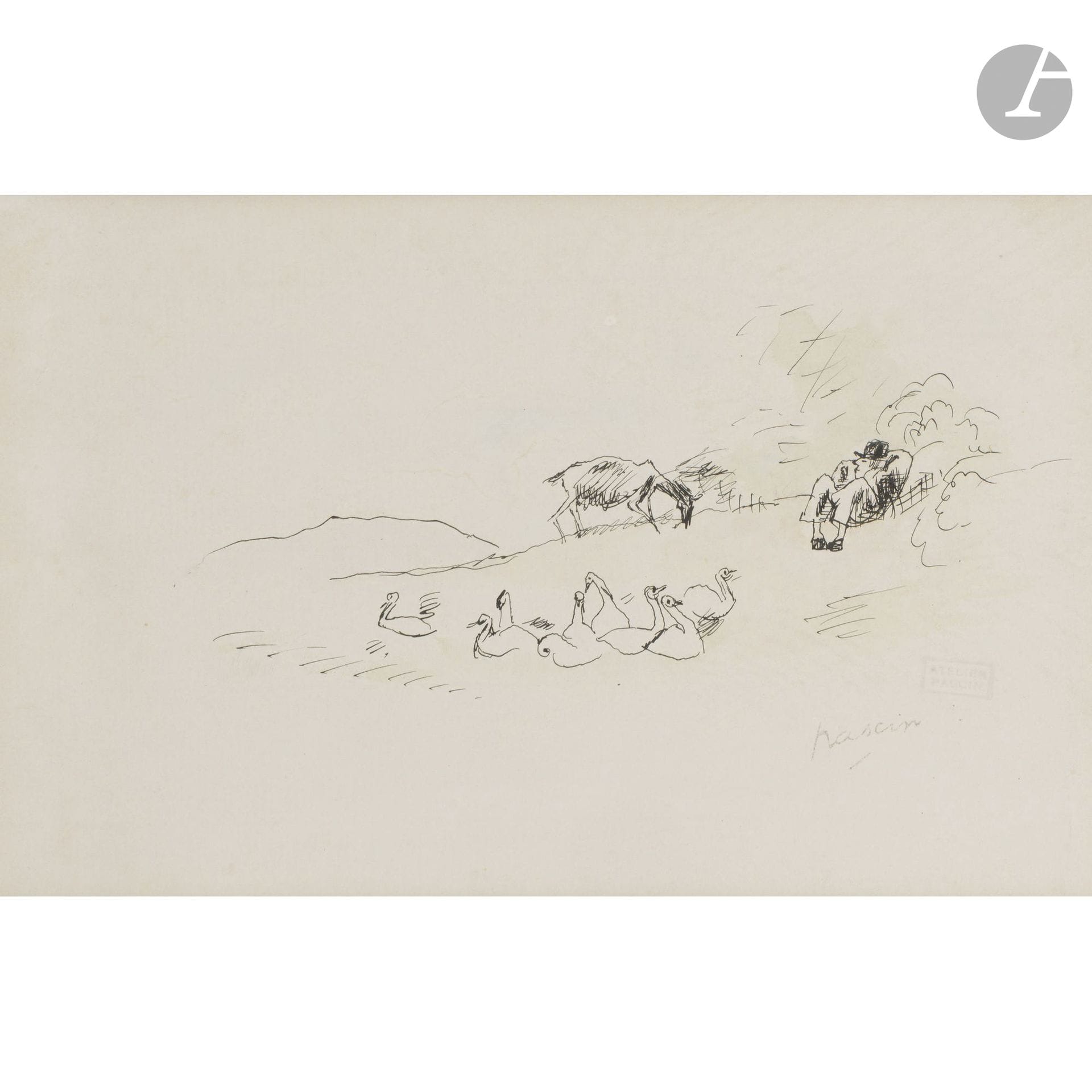 Julius Pincas, known as PASCIN (1885–1930)
Resting Near the Ducks
Ink and watercolor.
Studio stamp in the lower right corner.
14 x 21 cm

Provenance: 
Galerie Rambert, Paris (label on the back).