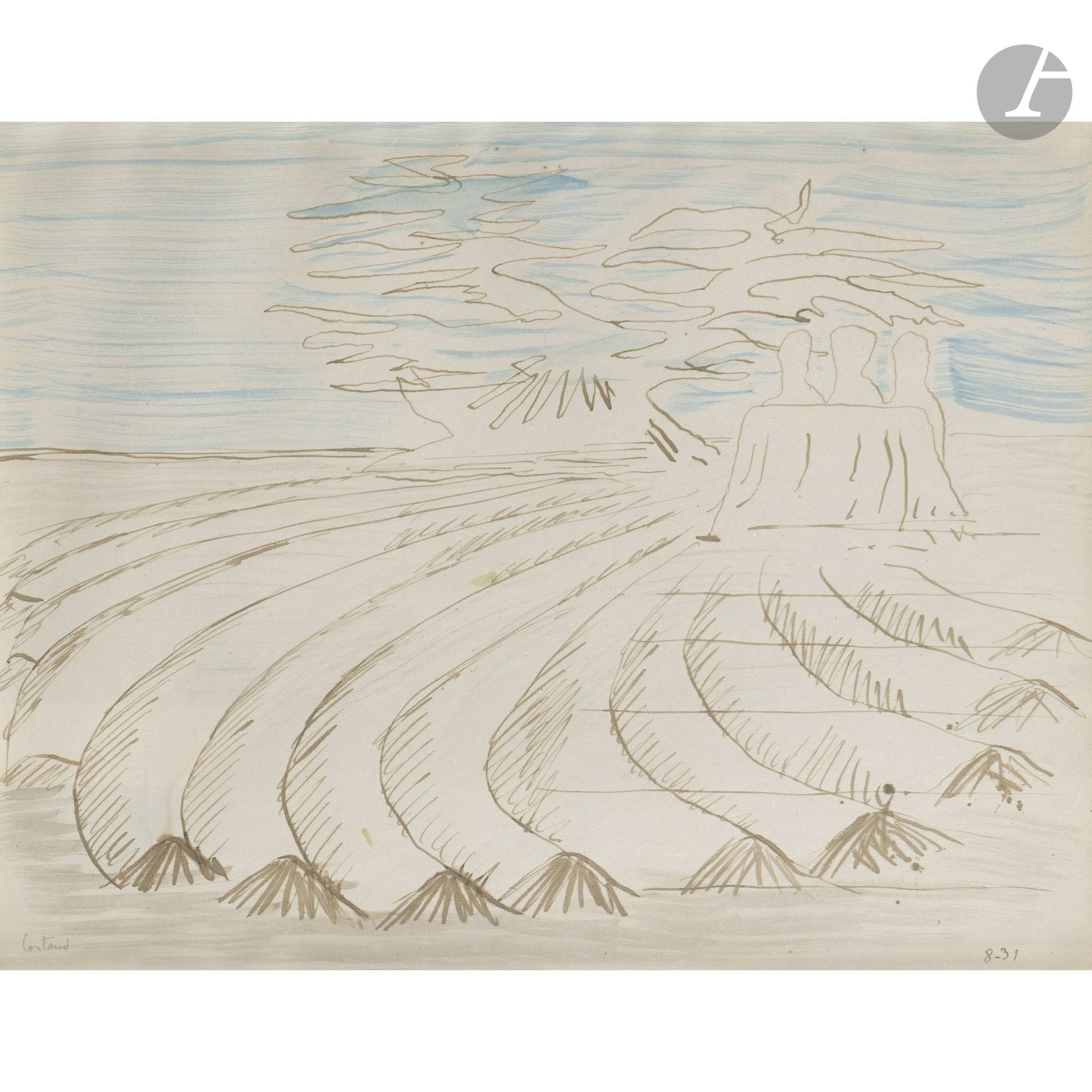 Lucien COUTAUD (1904–1977)
Untitled (Surreal Landscape), 1931
Brown ink and watercolor.
Signed lower left.
Dated lower right.
20 x 26 cm

Bibliography: 
Catalog Raisonné of the Works of Lucien Coutaud. Volume 2, ALC Éditions, 2020, reproduced on p. 83.

We would like to thank Mr. Jean Binder, President of the Lucien Coutaud Association, for the information he kindly provided.
