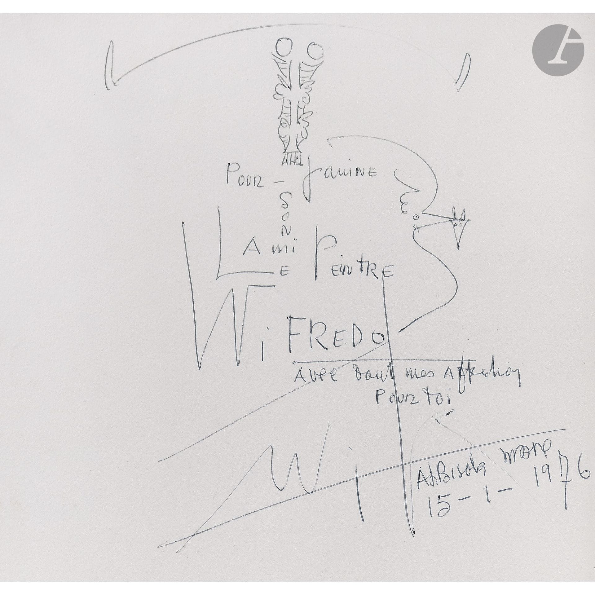 Wifredo LAM (1902–1982)
Surrealist Composition, 1976
Ballpoint pen.
Signed and dated lower right.
Inscribed: “For Janine, her friend the painter / with all my affection / for you.”
20 x 21.5 cm