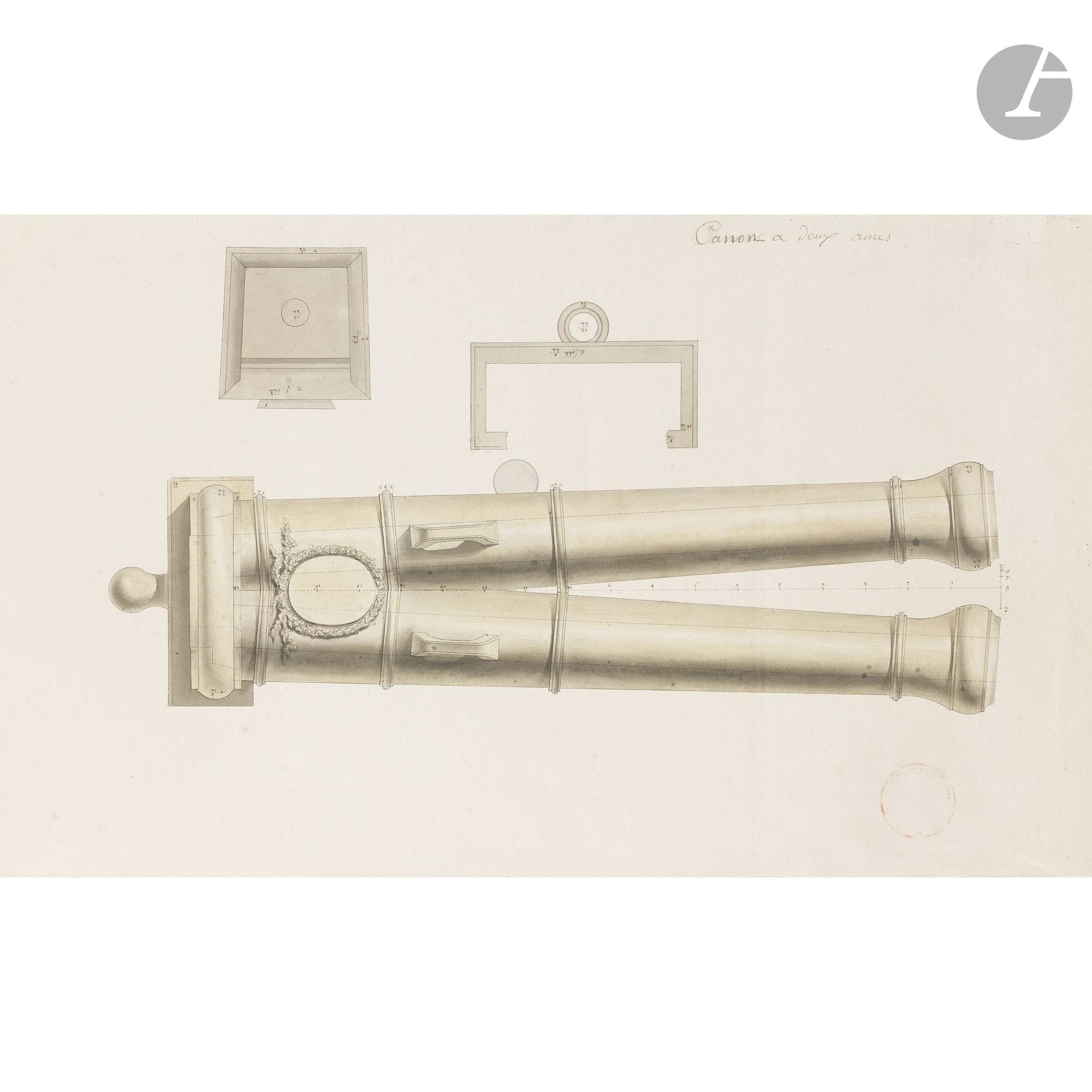 18th-Century FRENCH SCHOOL
Double-barreled Gun
Pen, black ink, and watercolor over black pencil lines.
Titled at the top, barely legible stamp in the lower right corner, numbered on the design.
(Irregular edges, creases, and stains).
35.5 x 64 cm
