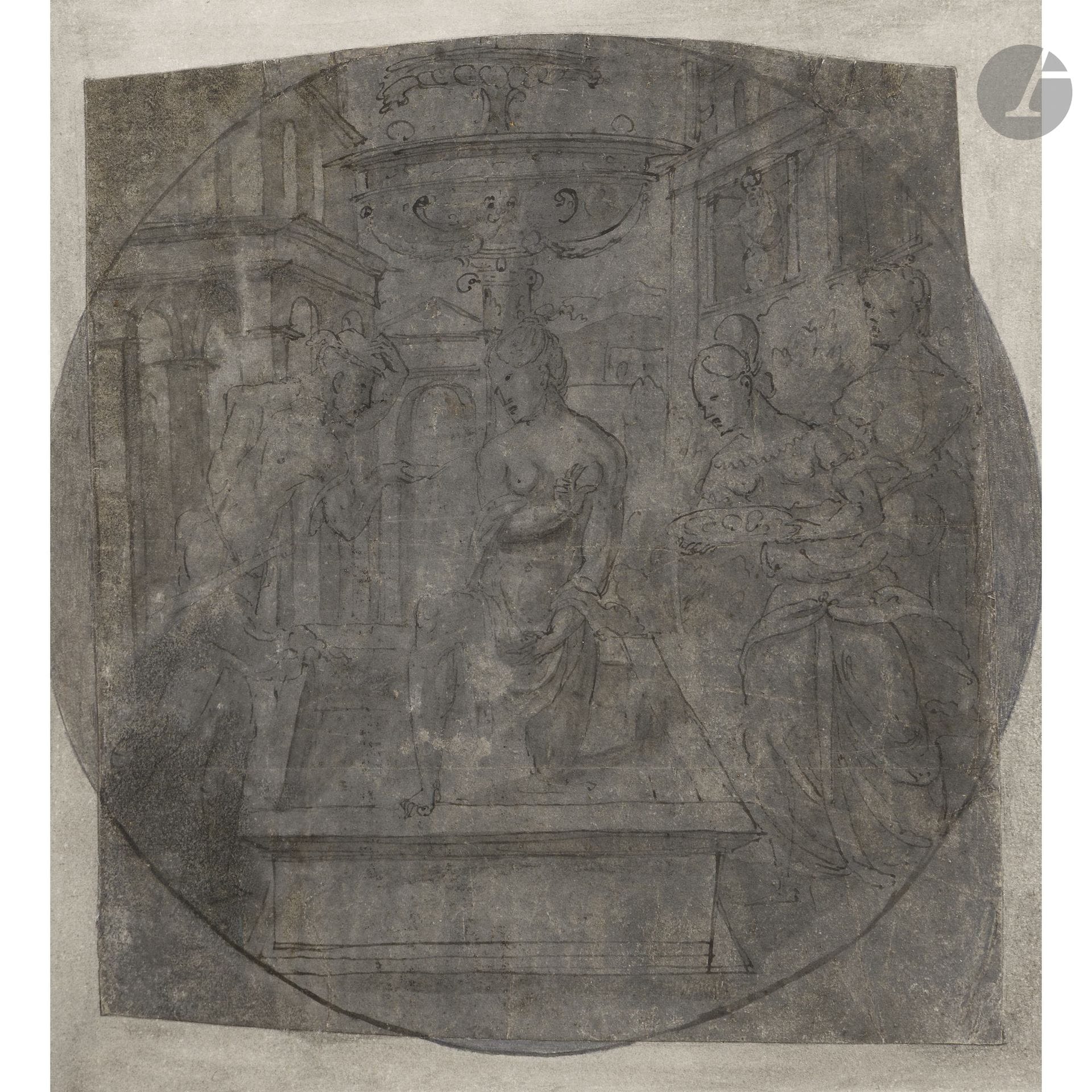 16th-Century NORTHERN SCHOOL 
Bathsheba at Her Bath
Pen, India ink, and gray wash on paper prepared with gray.
(Surface wear, creases, and losses on the edges have been restored).
20.1 x 21.8 cm, irregular shape, inscribed within a circle 

Provenance:
Thierry de Maigret Estate Sale, Hôtel Drouot, Paris, June 13, 2018, lot 67.