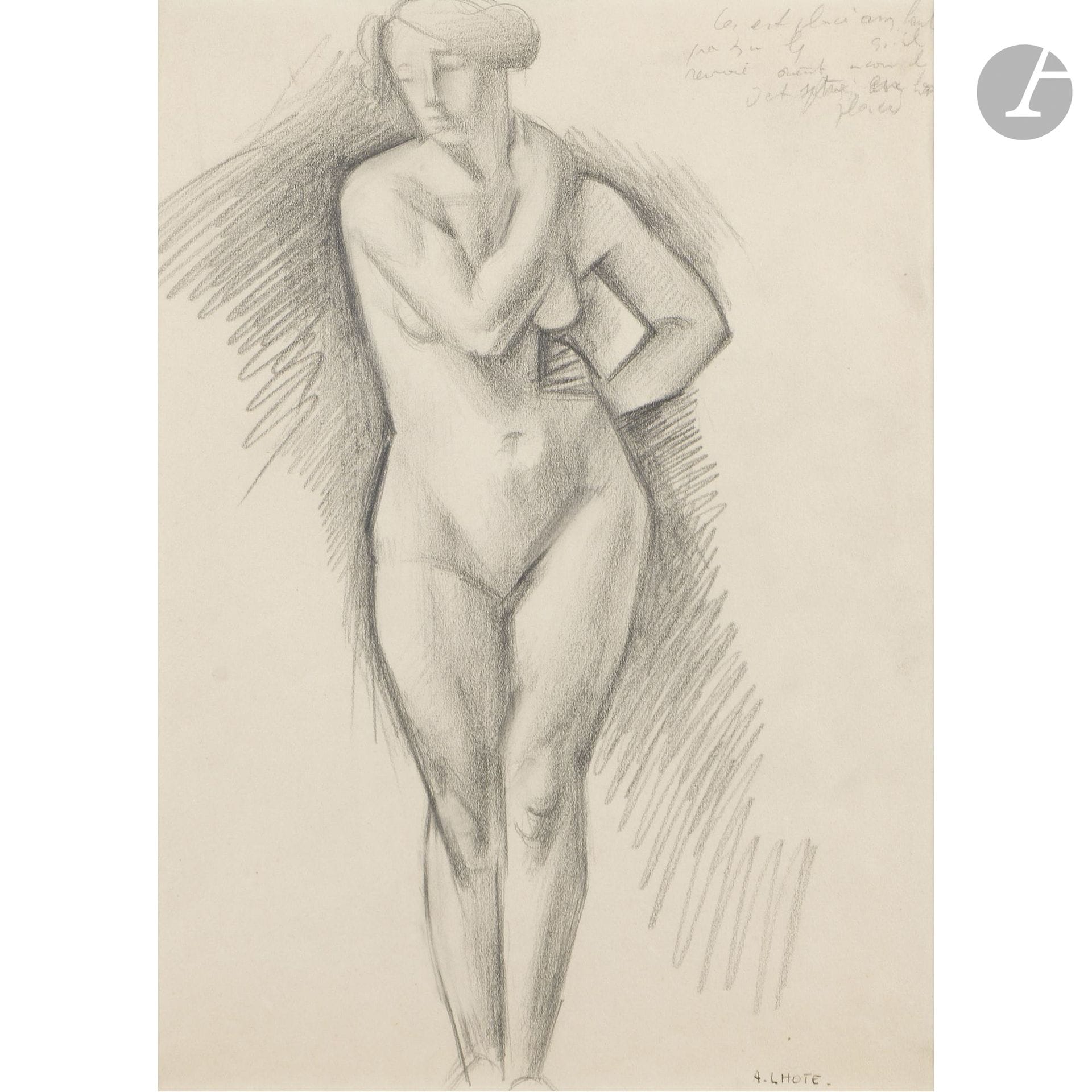 André LHOTE (1885–1962)
Standing Nude
Pencil and stump.
Signed lower right.
Annotated in the upper right. 
30 x 21 cm

Provenance: 
Artcurial auction, Paris, May 15, 2016, lot 257.

We thank Ms. Dominique Bermann Martin for confirming the authenticity of this work.