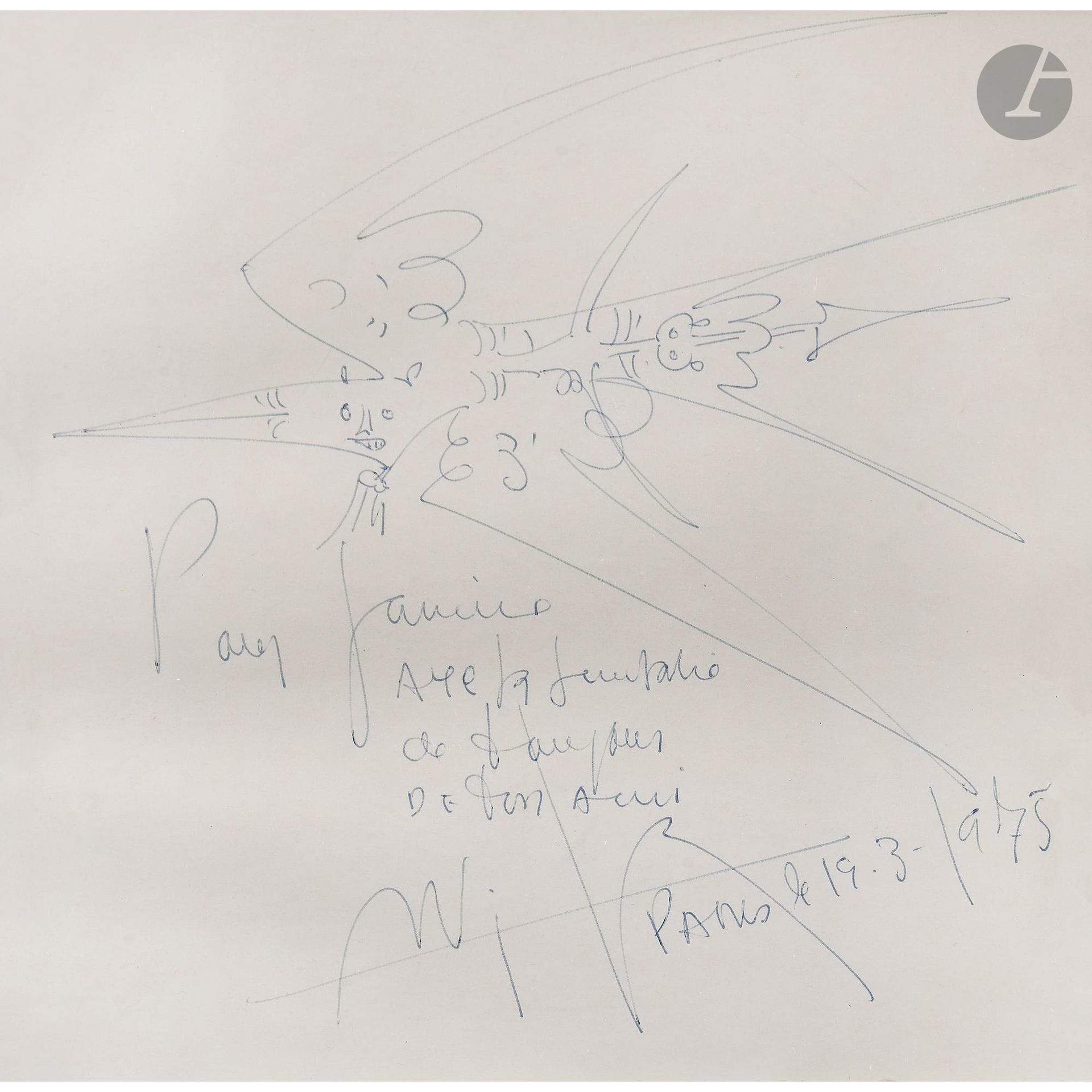 Wifredo LAM (1902–1982)
Surrealist Composition, 1975
Ballpoint pen.
Signed and dated lower right.
Inscribed: “For Janine / with the affection / of always / from your friend.”
21 x 21 cm