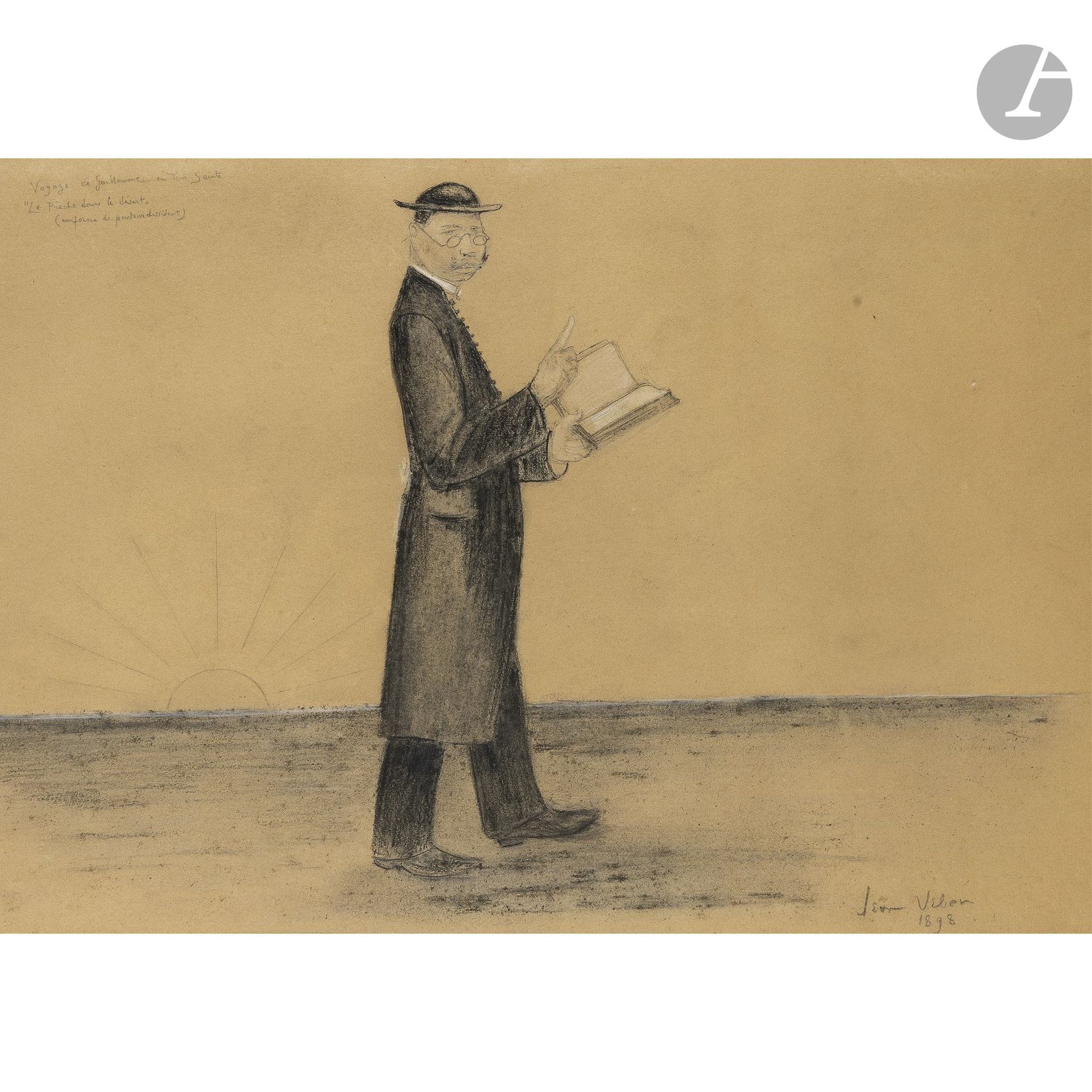 Jean VEBER (1864–1928)
William’s Journey to the Holy Land, The Sermon in the Desert, 1898
Charcoal, stump, and white chalk over graphite lines.
Signed and dated lower right, titled upper left.
36 x 50.5 cm

This drawing is a preparatory sketch for the illustration appearing in *Le Rire*, No. 212, dated November 26, 1898 (reproduced on p. 19). This issue, produced by the Veber family (texts by Pierre Veber, drawings by Jean Veber), covered Wilhelm II’s trip to Palestine following a visit to Turkey. This issue was banned in Germany.

We would like to thank Mr. Philippe Veber for the information he kindly provided.
