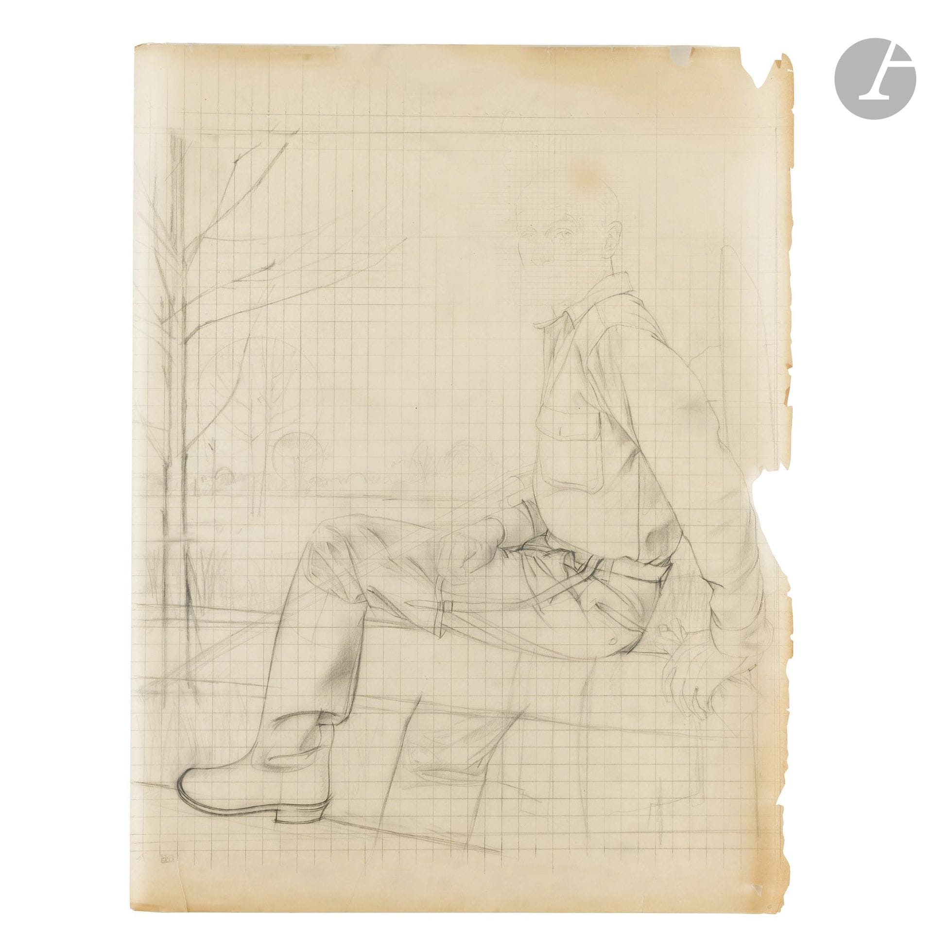 Bernard BOUTET DE MONVEL (1881–1949)
Seated Man with a Rifle
Two graphite drawings on tracing paper, one with a grid.
Stamped.
(Tears and missing sections along the edges).
62 x 49 cm and 65 x 50 cm