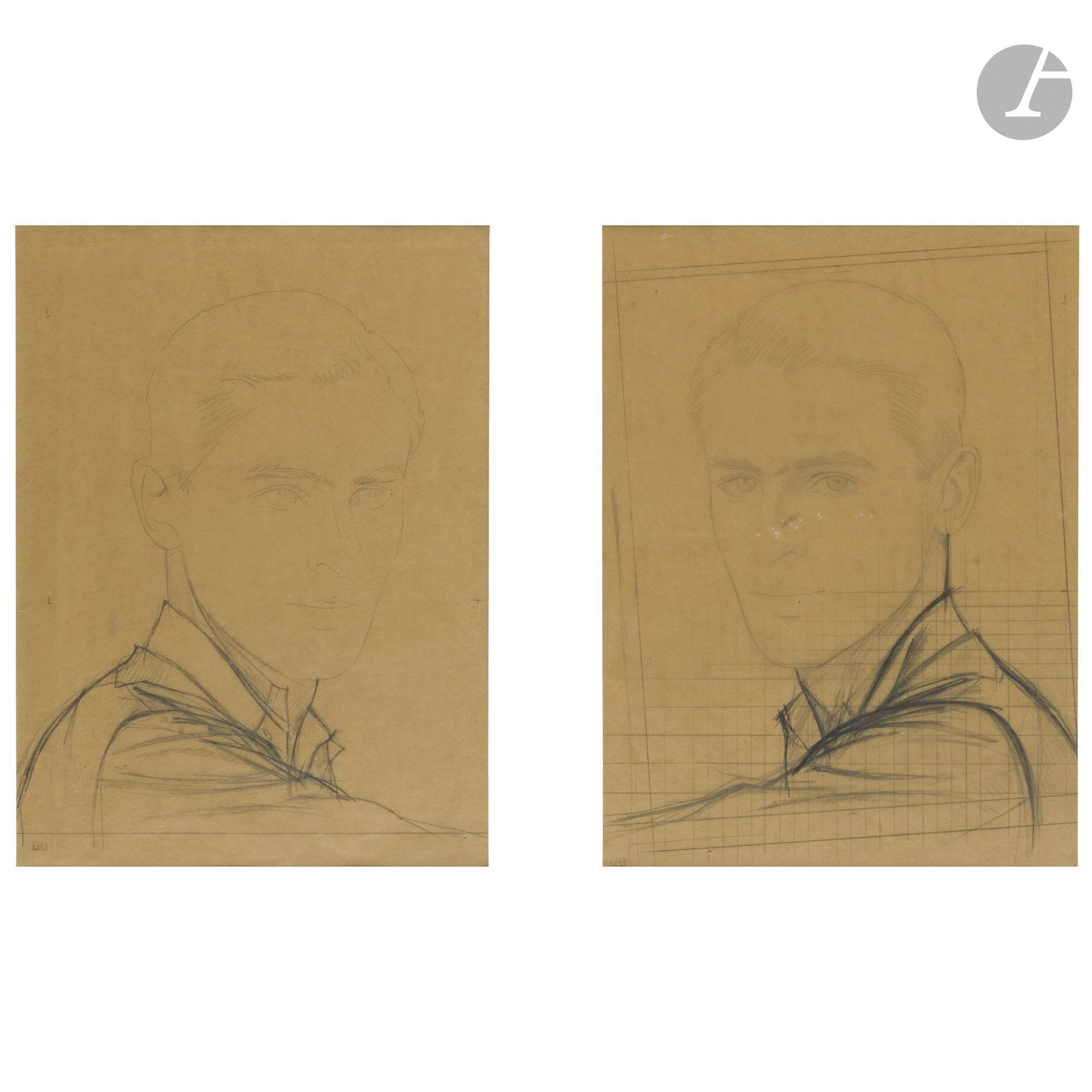 Bernard BOUTET DE MONVEL (1881–1949)
Three-quarter-length portrait of a man
Two graphite drawings on tracing paper, one with a grid.
Stamped in the lower left corner.
39 x 29 cm each