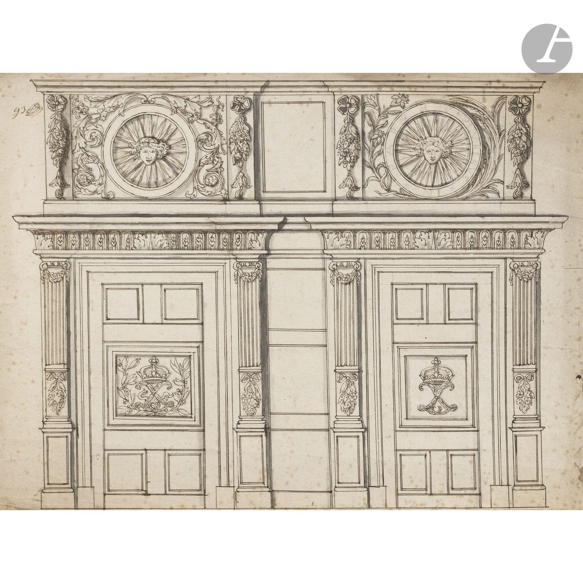 18th-Century FRENCH SCHOOL
Design for wood paneling featuring Louis XVI-style motifs with tondo depictions of Apollo
Pen, brown ink, black pencil, and gray wash.
29.5 x 39.5 cm