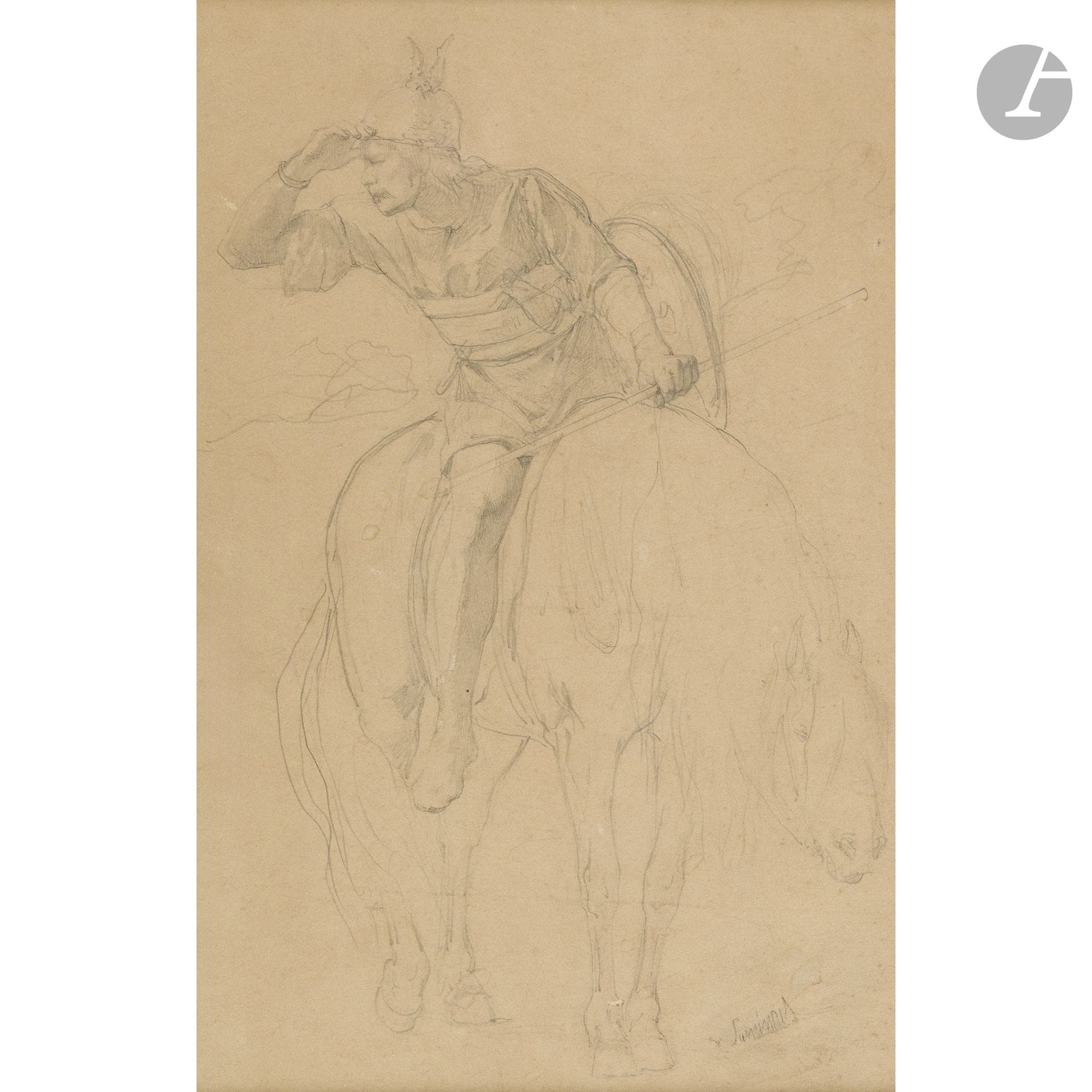 Évariste-Vital LUMINAIS 
(Nantes 1822 – Paris 1896)
The Wait: A Gaul on His Horse
Black pencil.
Signed lower right.
29.5 x 19 cm