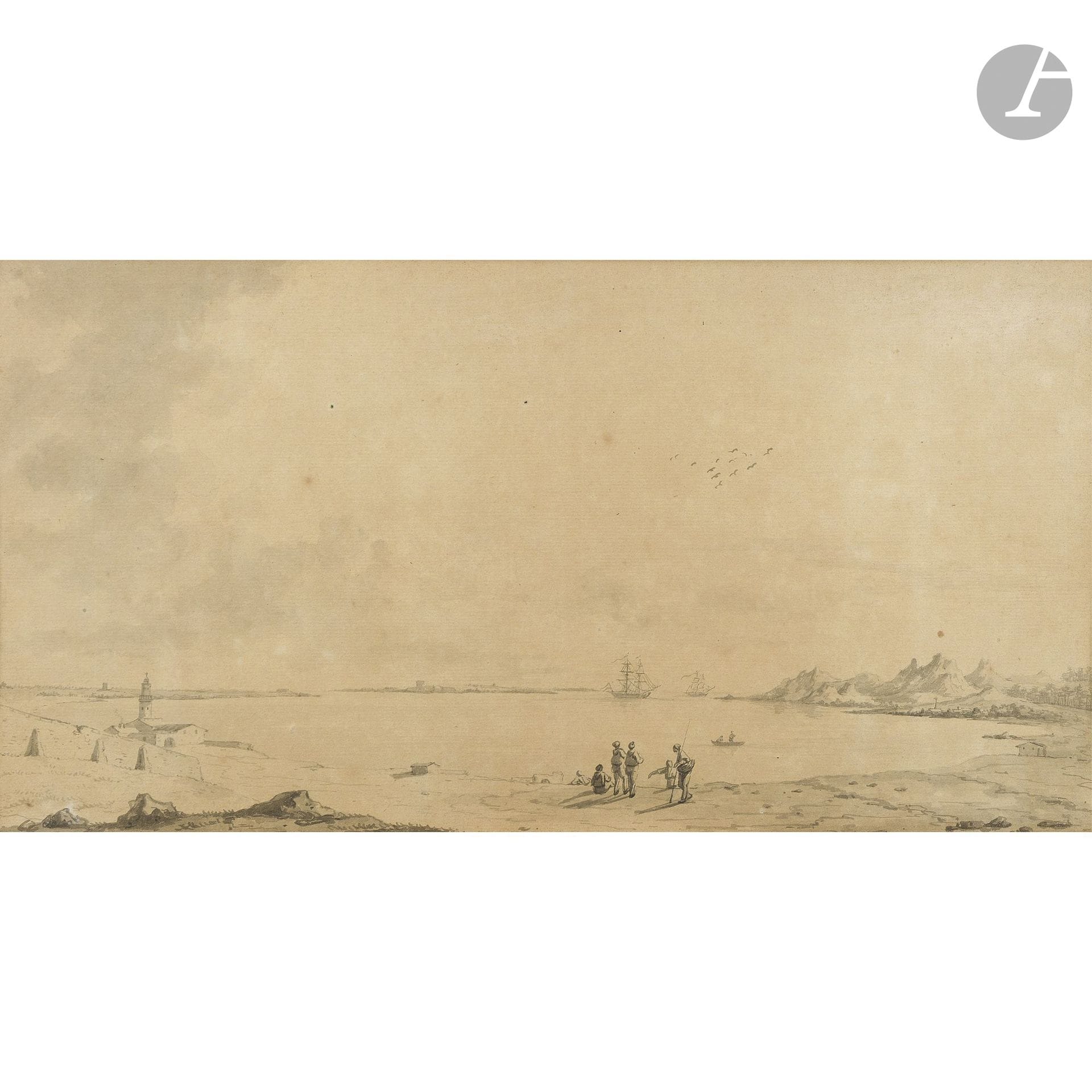 FRENCH SCHOOL, circa 1800
View of a Gulf
Pen and black ink with gray wash.
(Exposed to sunlight).
21 x 41 cm

Provenance:
Jean Adhémar Collection, Paris. Passed down through the family.