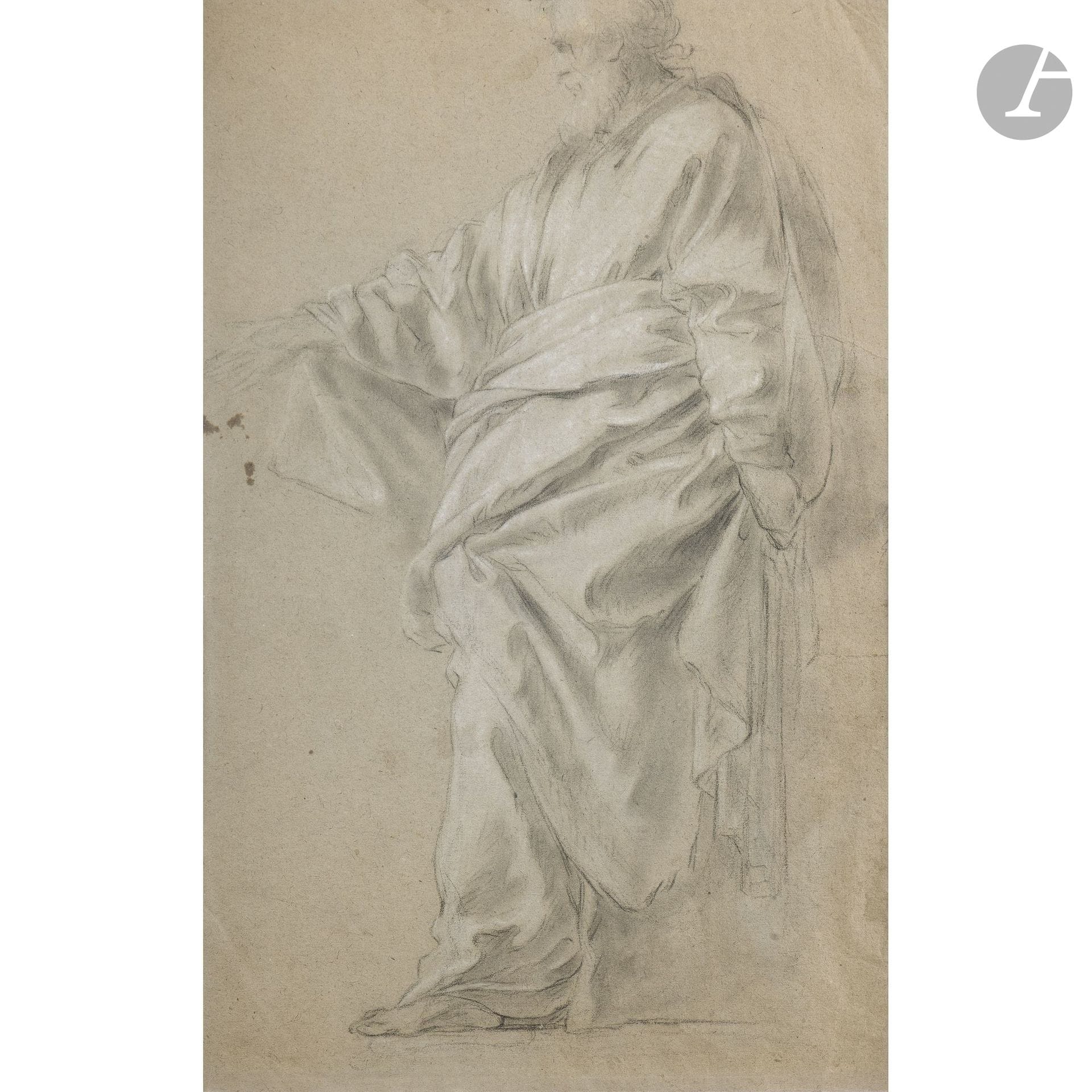 FRENCH SCHOOL, late 17th century
Figure draped in the classical style
Black chalk, stump, and white chalk on gray paper.
44 x 28 cm

Provenance:
Jean Adhémar Collection, Paris. Passed down through the family.