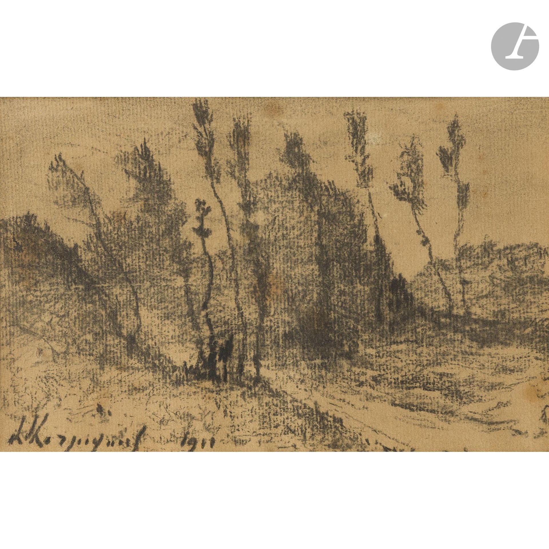 Henri-Joseph HARPIGNIES 
(Valenciennes 1819 – Saint-Privé 1916)
Landscape with Trees, 1911
Charcoal.
Signed and dated lower left.
(Age spots).
12 x 18.5 cm

We would like to thank Mr. Jean Pierre Cappoen for kindly confirming the authenticity of this watercolor and for the information he provided.