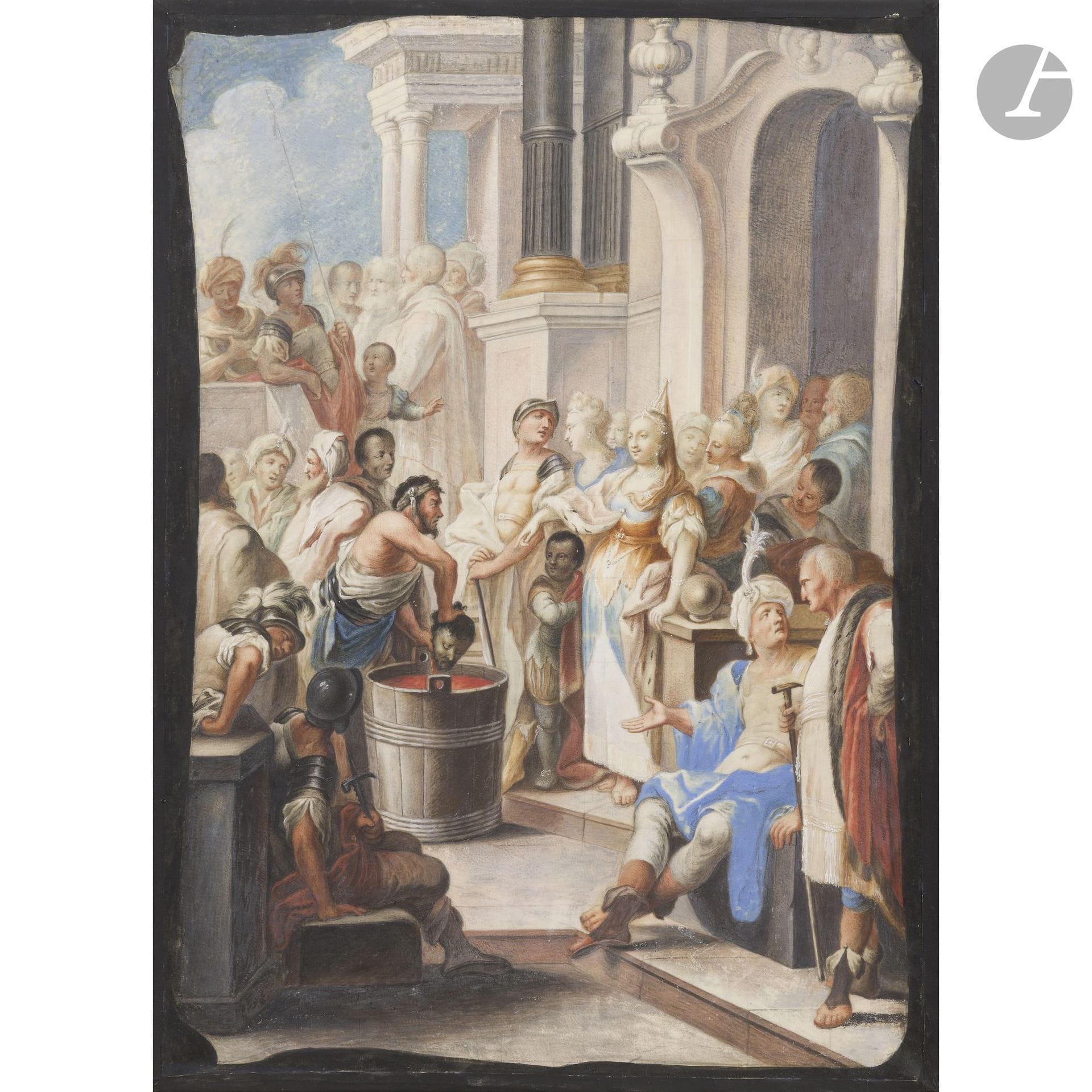 Attributed to Arnold HOUBRAKEN 
(Dordrecht 1660 – Amsterdam 1719)
Queen Thomyris Dips Cyrus’s Head in Blood
Gouache over black pencil lines on vellum.
Gridded.
(Some flaking).
31 x 22 cm