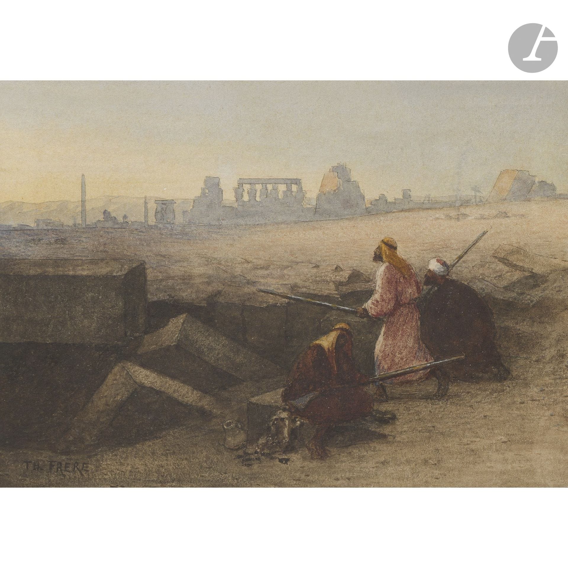 Charles-Théodore FRÈRE (Paris 1814–1888)
Ambush at Karnak
Watercolor.
Signed lower left.
12 x 17.5 cm