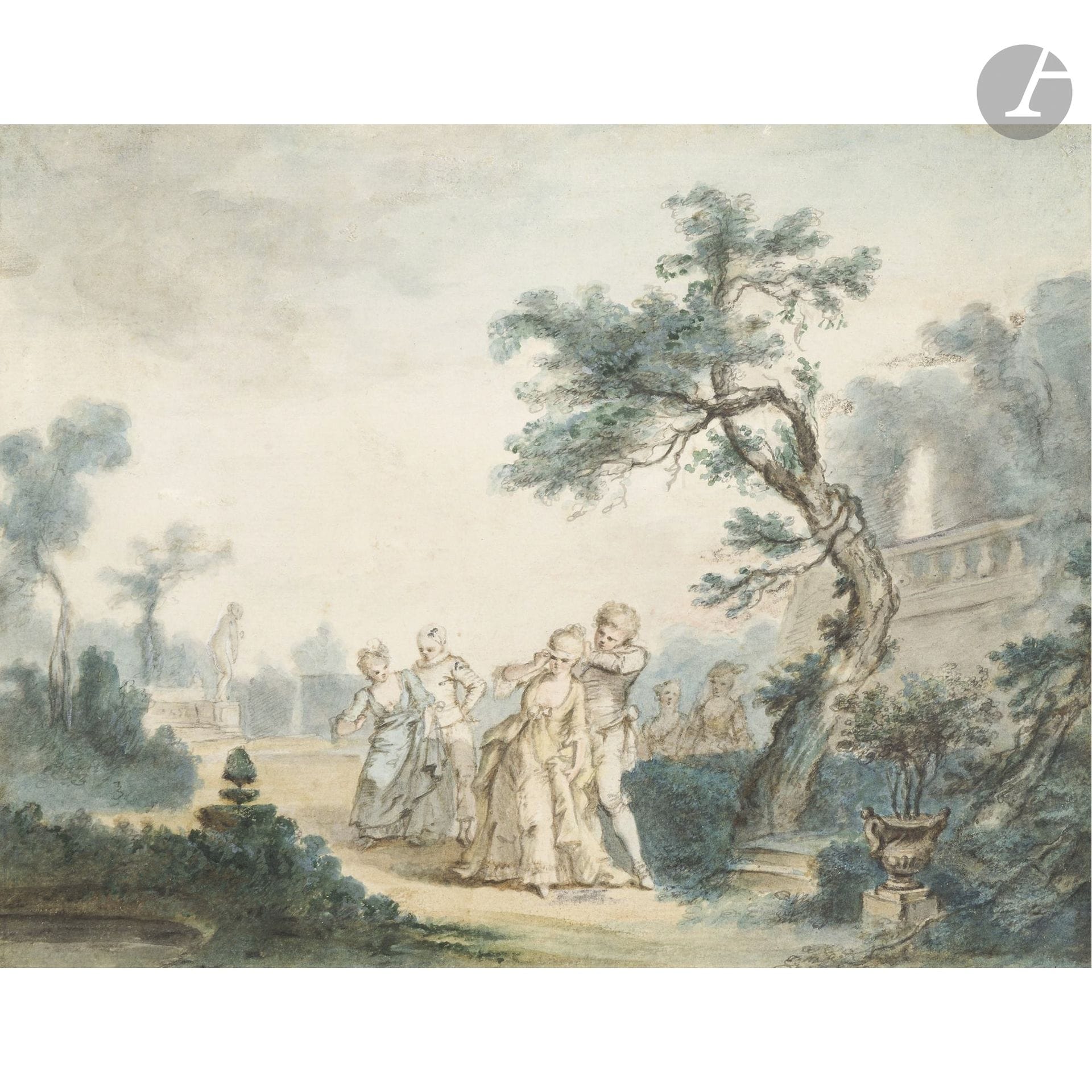 18th-Century FRENCH SCHOOL
Blind Man's Buff
Watercolor with gouache over black pencil lines.
26 x 30.5 cm