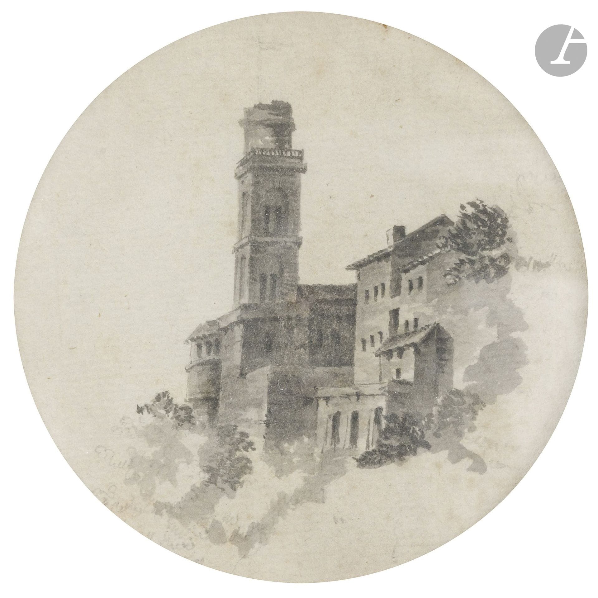 FRENCH SCHOOL, circa 1800
Italian Landscape
Ink and ink wash on paper.
Diameter: 9.5 cm
In a carved wooden frame.