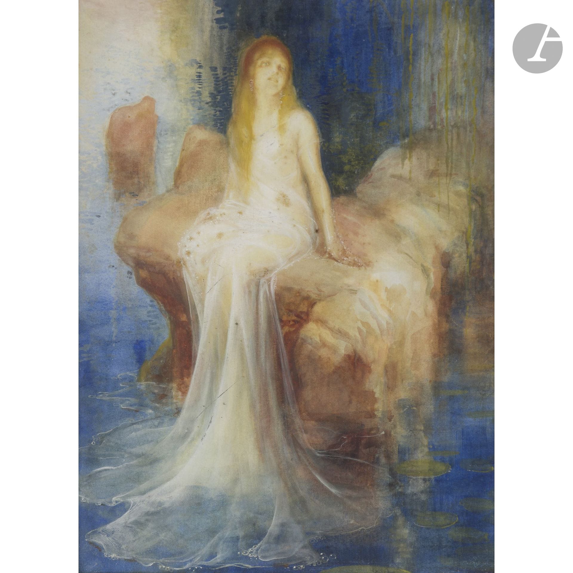 Néstor Martín-Fernández DE LA TORRE (1887–1938)
Mermaid, circa 1905–1910
Gouache.
Signed later, circa 1929–1930, on the reverse.
31 x 23 cm

Néstor Martín-Fernández traveled to Paris in October 1912 to become a member of the International Union of Fine Arts and Letters. He was notified of his appointment by a letter signed by the secretary of that institution, Mr. Henry Breuil—a pseudonym for Alexis Mérodack-Jeaneau (1873–1919). This association had been founded in 1890 by Puvis de Chavannes, Meissonier, Rodin, and Carrière.

We thank the Néstor Museum in Las Palmas de Gran Canaria for confirming the authenticity of this work and for the information they provided.