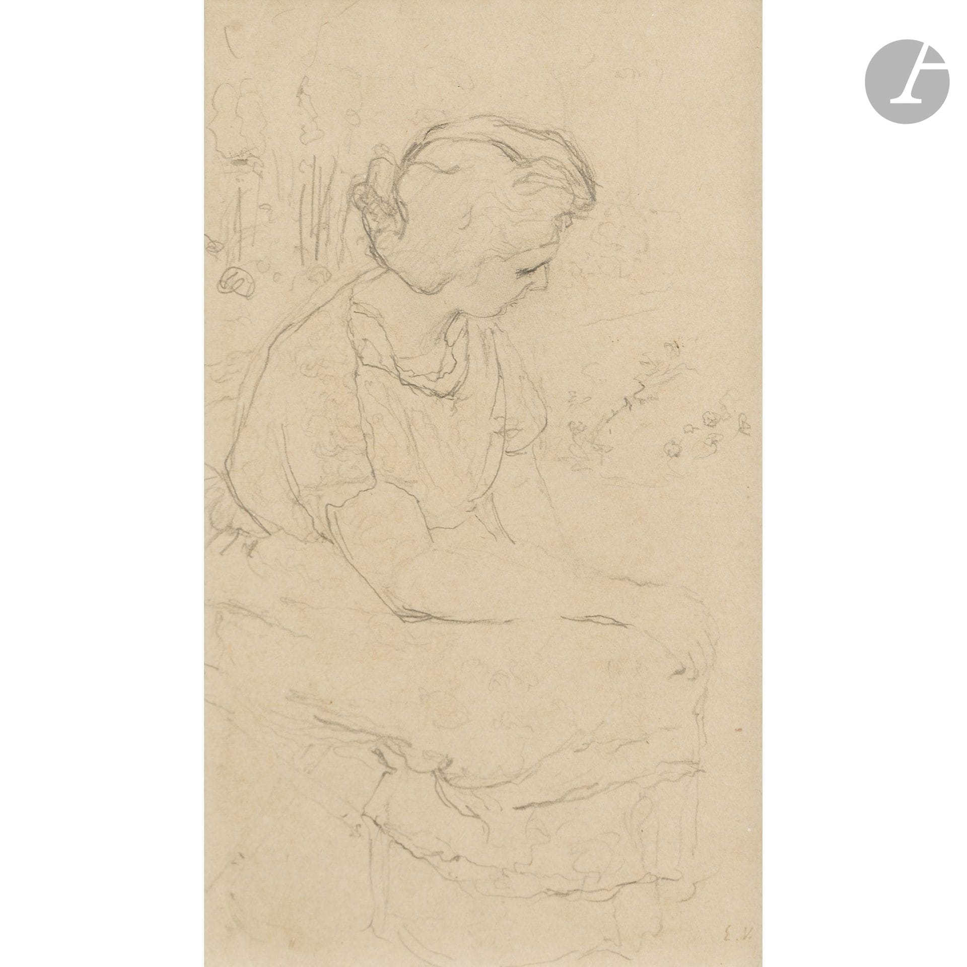 Édouard VUILLARD (1868–1940)
Woman Seated in the Garden, ca. 1919–1920
Graphite.
Studio stamp in the lower right corner (Lugt 909c).
20 x 11.5 cm

Provenance:
Jean Adhémar Collection, Paris. Passed down through the family.

This is a study for the portrait of Madeleine Descorps and her son Bernard in the garden (nos. XI-195 and XI-196, reproduced in Antoine Salomon and Guy Cogeval, with the collaboration of Mathias Chivot, *Vuillard. The Inexhaustible Glance. Catalogue Raisonné of Paintings and Pastels, vol. III, Wildenstein Institute, 2003, pp. 1401 and 1402).