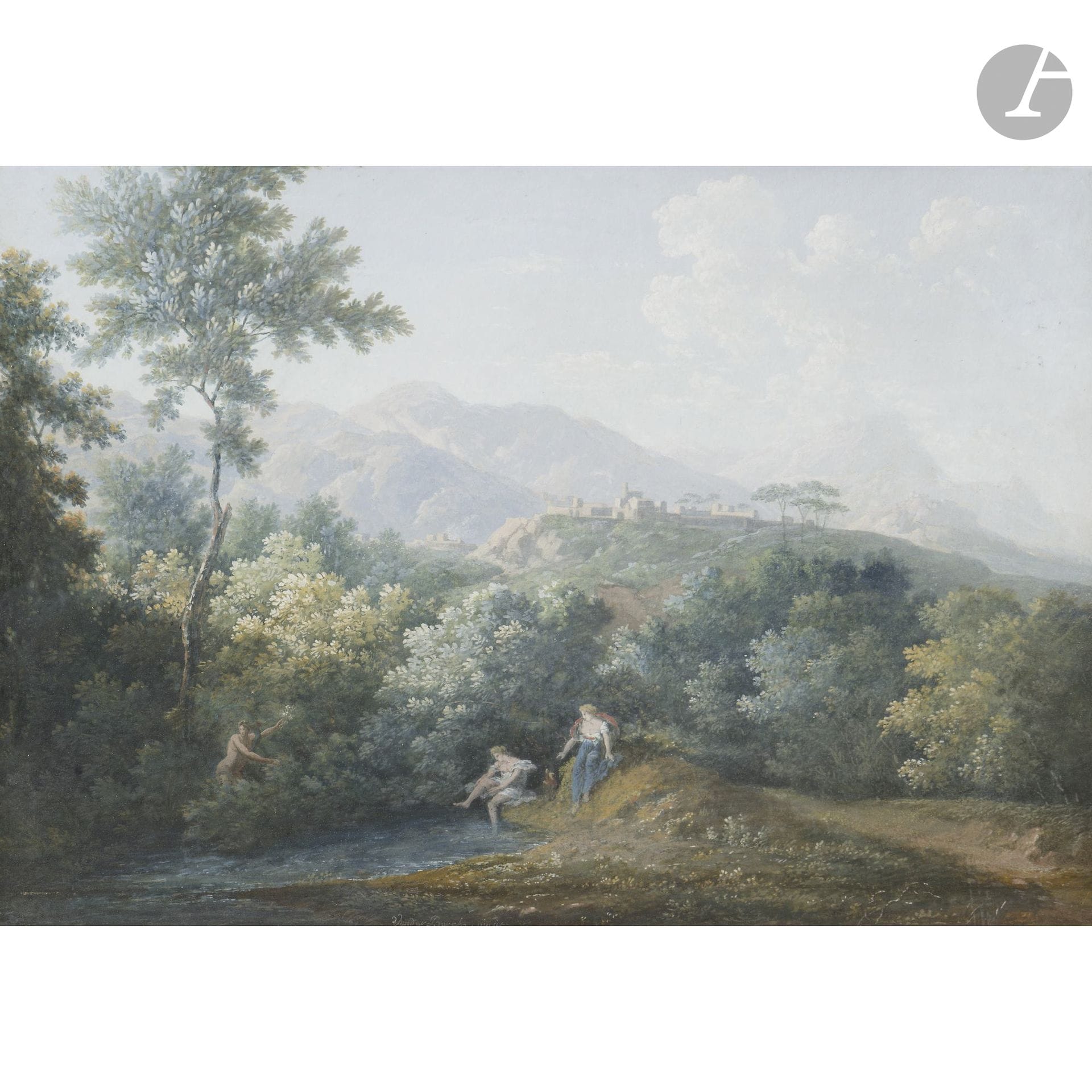 Dominique Joseph VAN DER BURCH 
(Lille 1722 – Montpellier 1785)
Bathers in a Landscape with Mount Cassin 
Gouache.
Signed lower center.
Inscribed on the back of the frame: “View of the mountains of Monte Cassino in the Kingdom of Naples by Van der Bruck.”
(Small spots).
29 x 41 cm