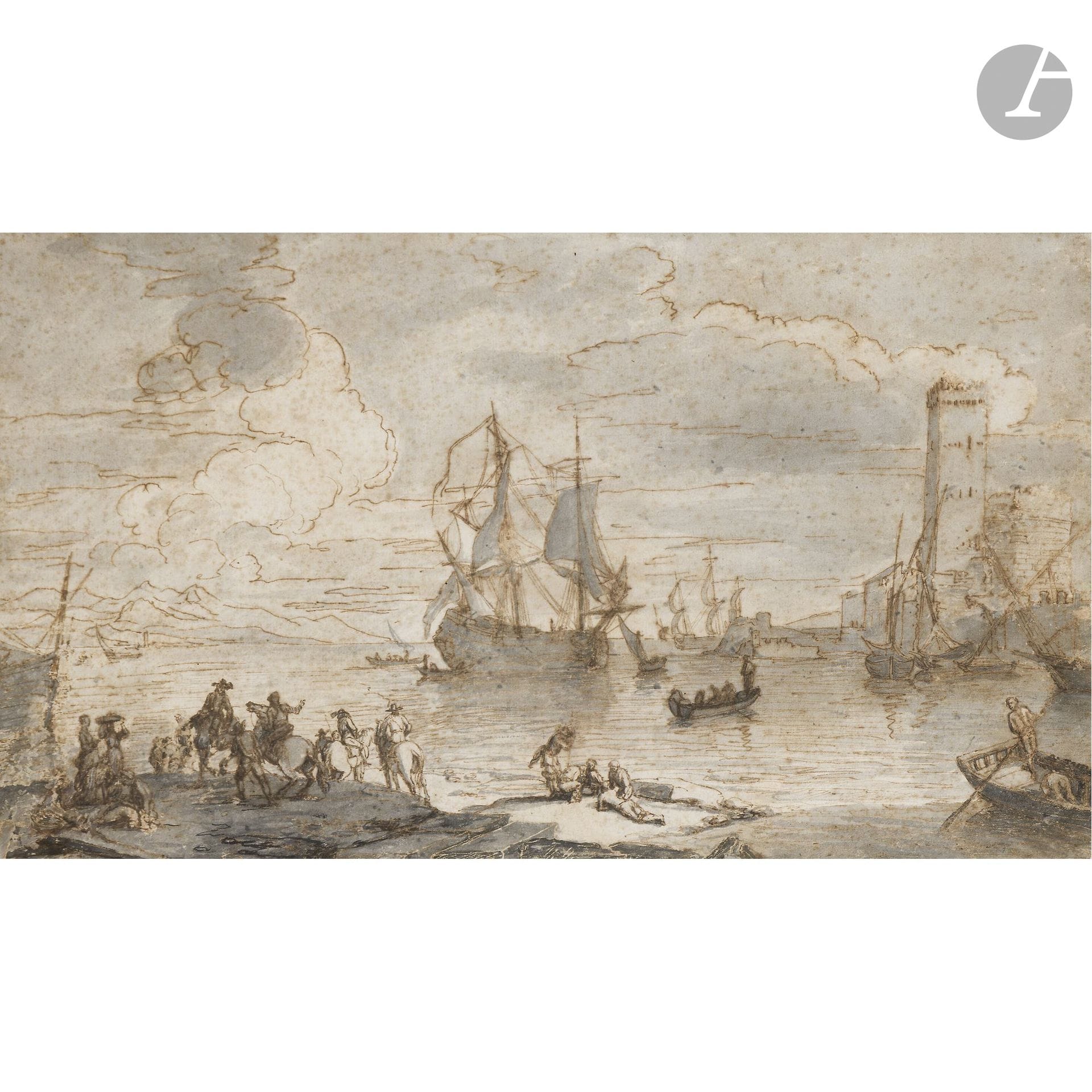 Attributed to Adrien MANGLARD (Lyon 1695 – Rome 1760)
Sailing Ships Arriving at the Port
Pen, brown ink, and gray wash.
(Scuffs, pinholes, and restorations).
23 x 39.5 cm
