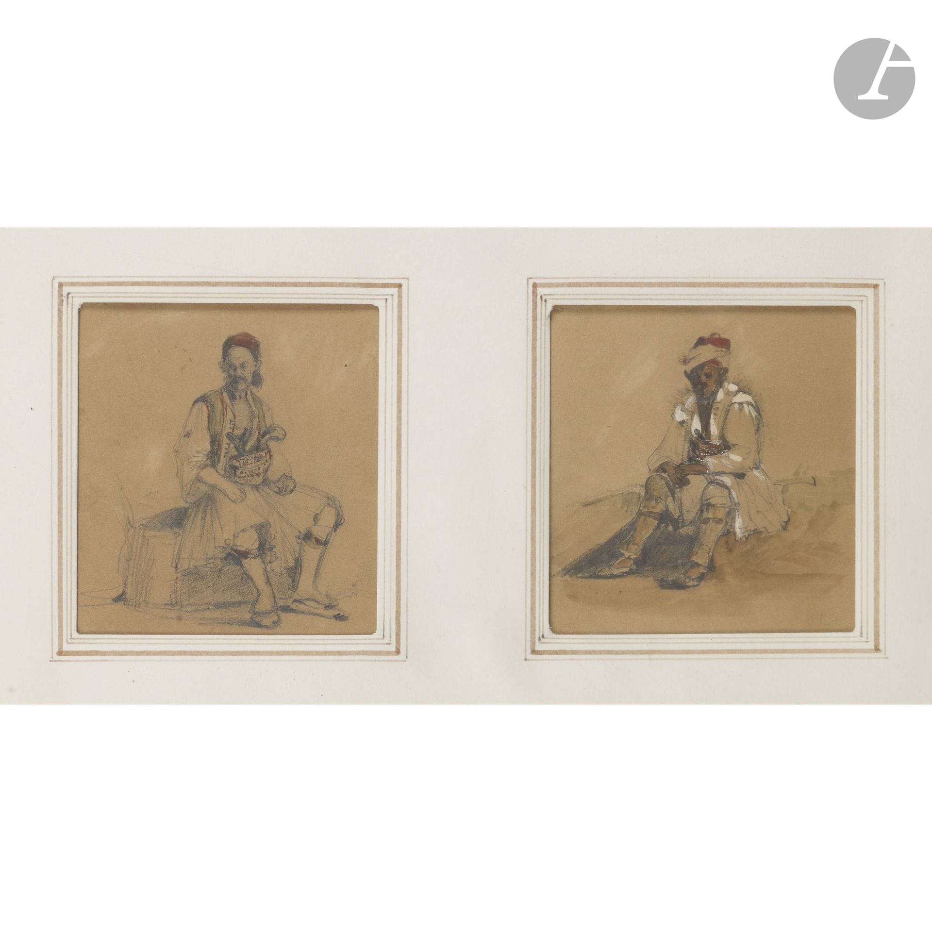 Prosper MARILHAT 
(Vertaizon 1811–Paris 1847)
A montage comprising two studies: Greeks in Costume 
Watercolor with gouache over black pencil lines.
(Sun-faded, small spots).
10.5 x 9.2 cm