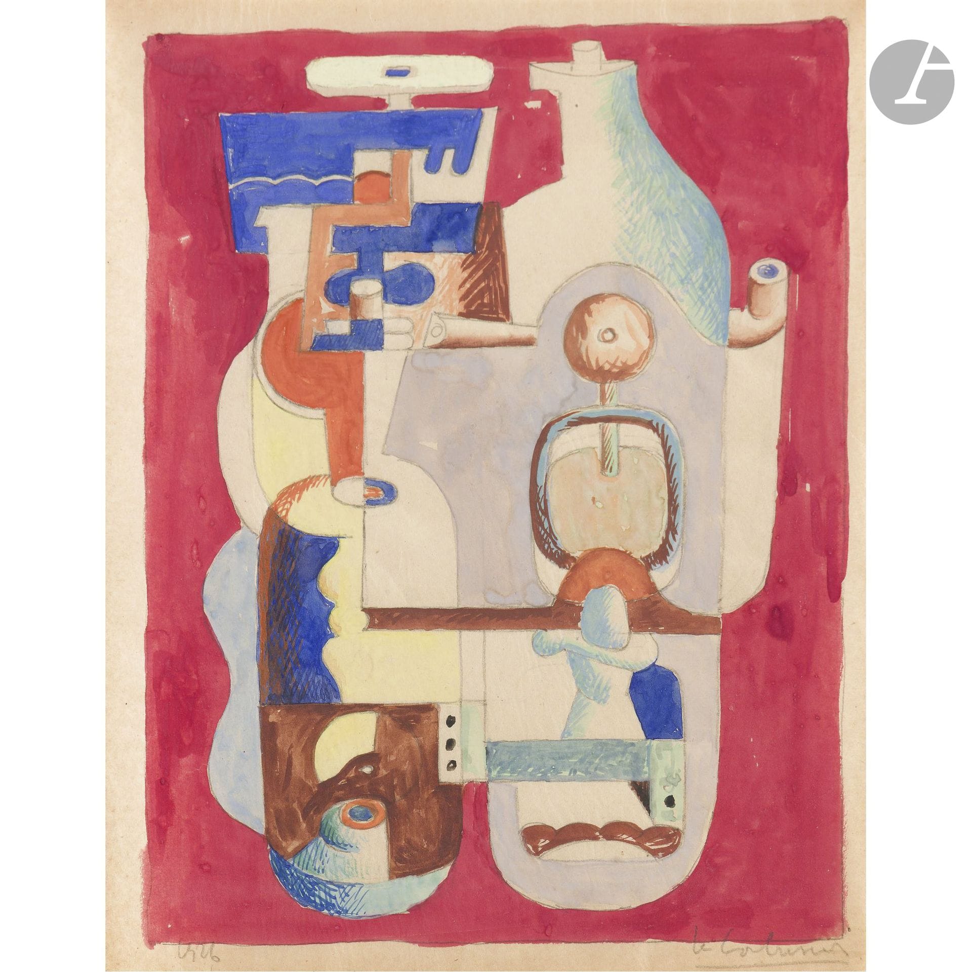 Charles-Édouard JEANNERET, known as LE CORBUSIER (1887–1965)
Purist Still Life with a Large Carafe, Upside-Down Glasses, and an Egg Cup, 1926
Gouache and graphite on pelure paper.
Signed “Le Corbusier” lower right.
Dated 1926 lower left.
27.5 x 21 cm

A certificate from Mr. Éric Mouchet will be provided to the buyer.