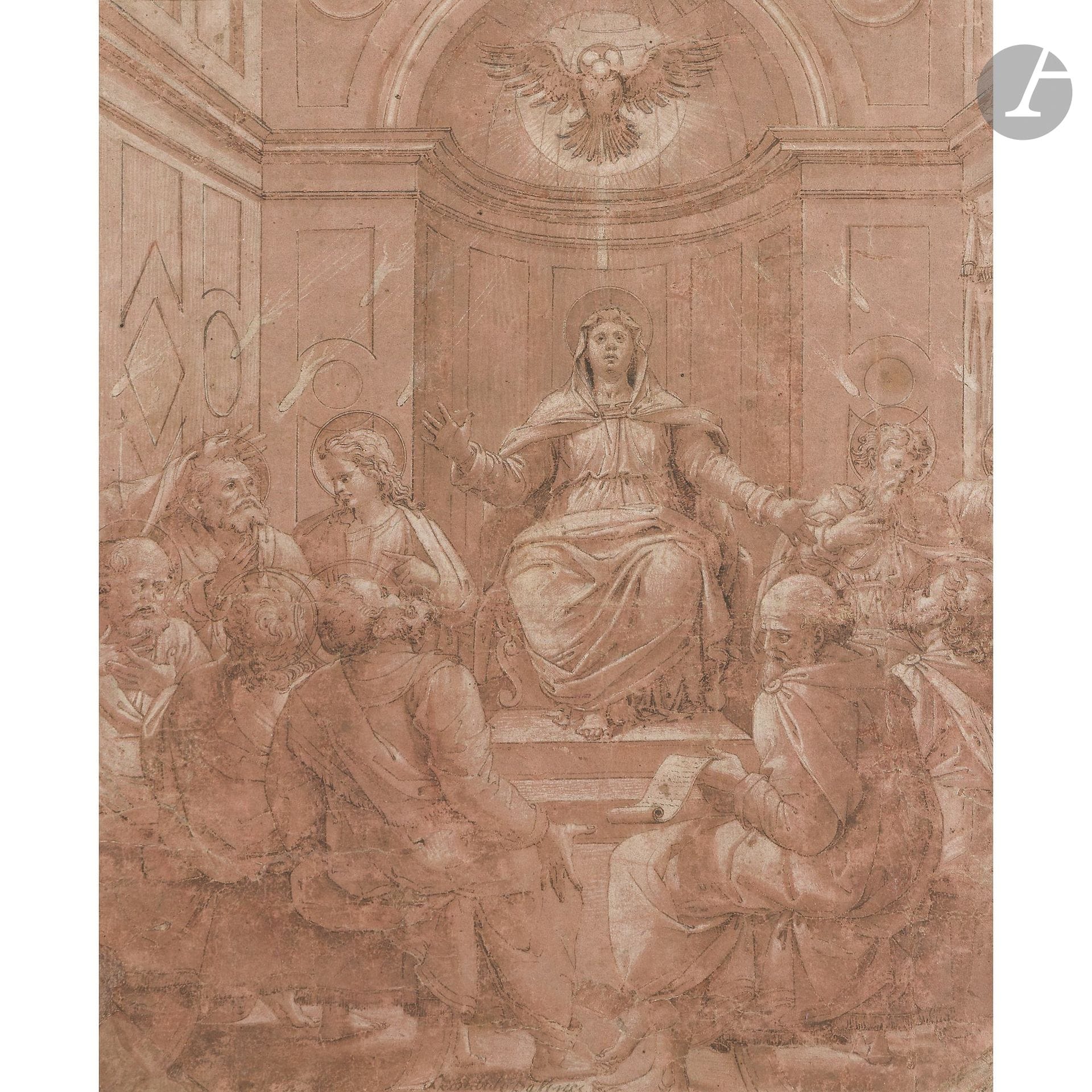 16th-CENTURY ITALIAN SCHOOL
Pentecost
Pen, brown and black inks, and white highlights on pink-primed paper.
Annotated: “Leonardo da Vinci” in pen at the bottom center; paper pricked for transfers.
Framemaker’s stamp on the reverse.
(Crease on the right, restored losses, tears, surface wear, drawing mounted on an old backing).
33.8 x 27.3 cm

Provenance:
Christie’s auction, London, June 6, 2021, lot 1.