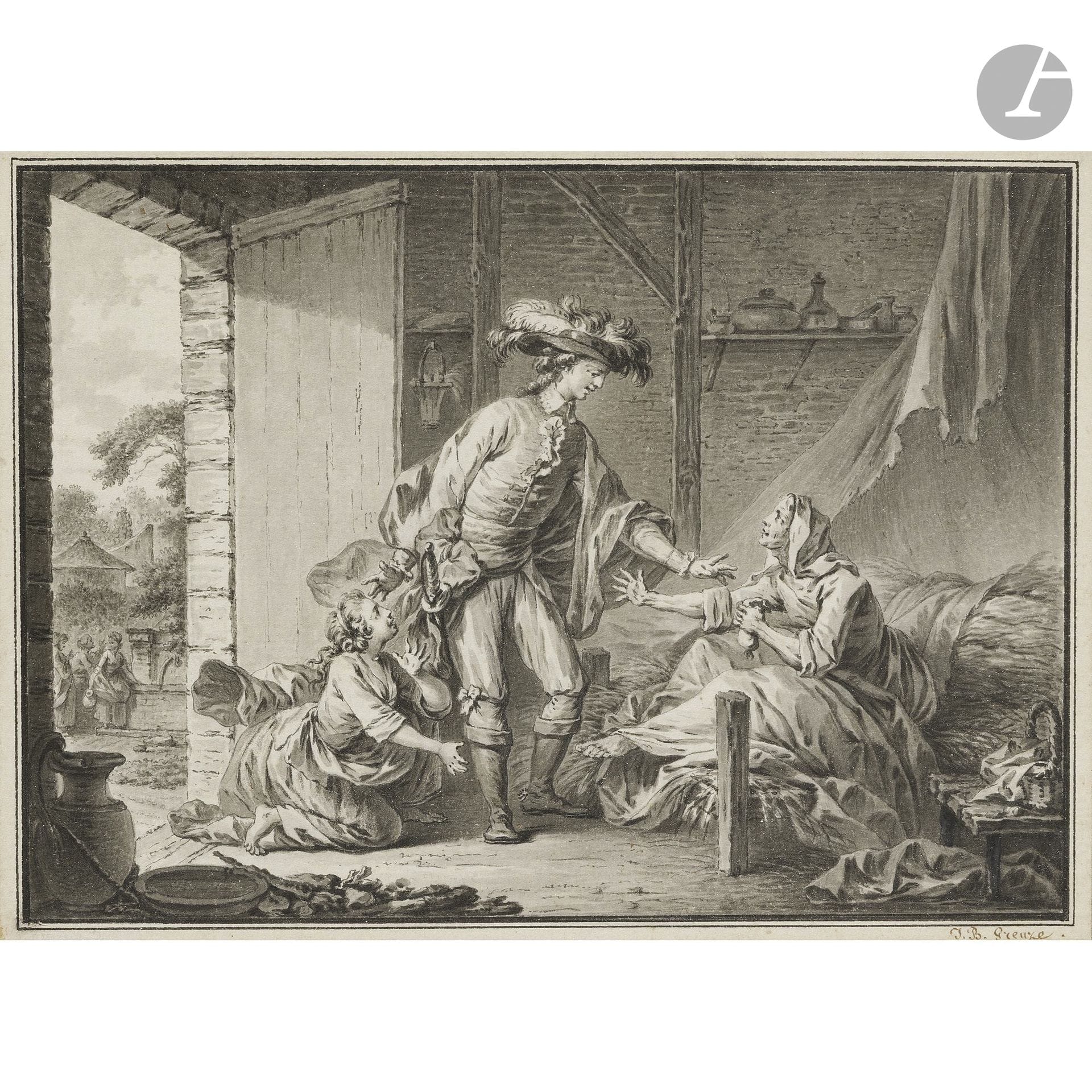 18th-CENTURY FRENCH SCHOOL
The King of Sweden Bestowing a Gift on the Impoverished Mother, an illustration for Arnaud Baculard’s work *Le Délassement de l’homme sensible*
Pen, gray ink, and gray wash.
Annotated in the lower right corner.
13.5 x 18 cm