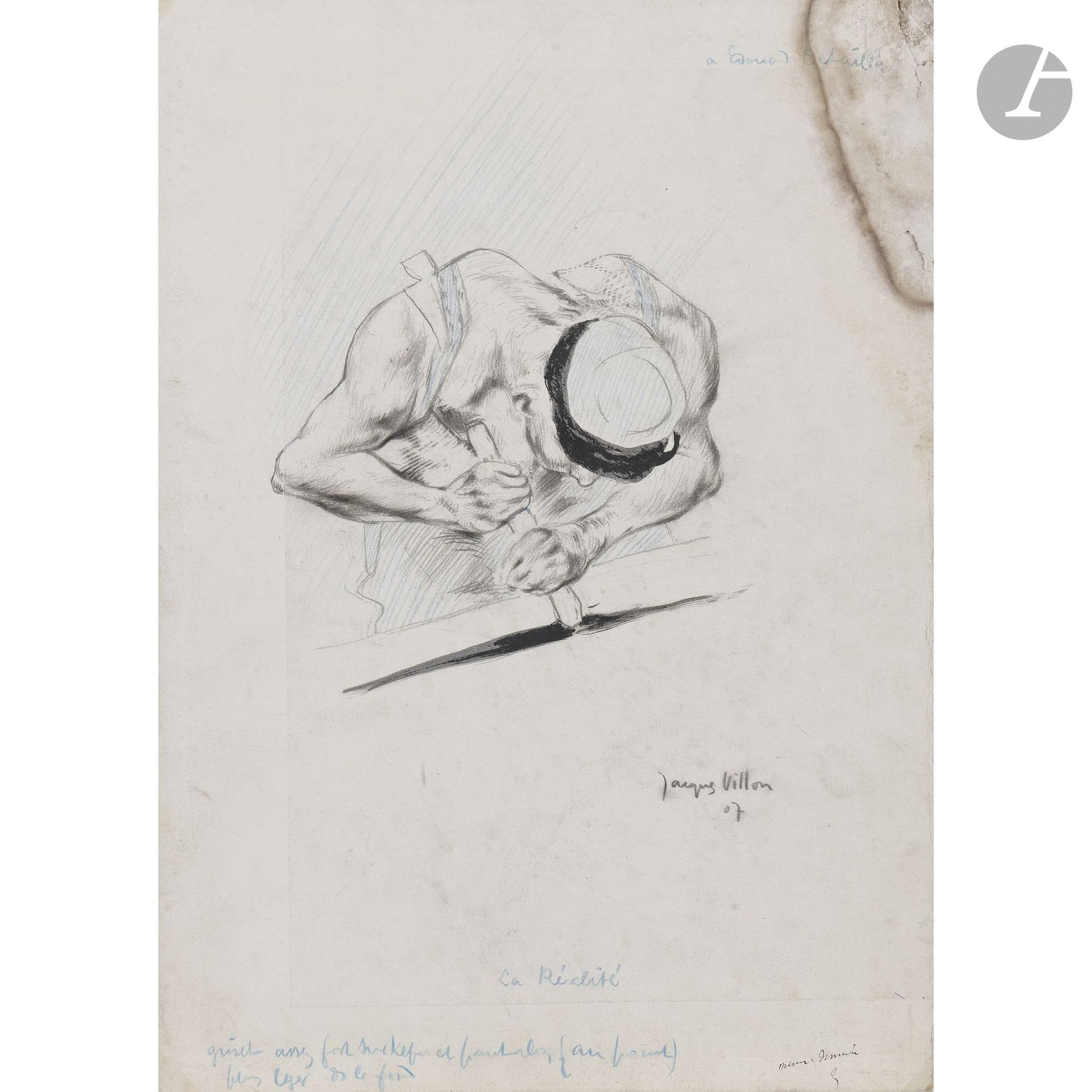 Jacques VILLON (1875–1963)
La Réalité, 1907
Graphite, colored pencil, and black ink.
Signed and dated in the lower right corner.
Titled at the bottom.
Dedicated to Edouard Detaille in the upper right corner.
(Traces of moisture).
38.5 x 28 cm

Provenance: 
Christian de Rabaudy Estate Sale, Cornette de Saint-Cyr, Paris, November 23, 2003, lot 344.