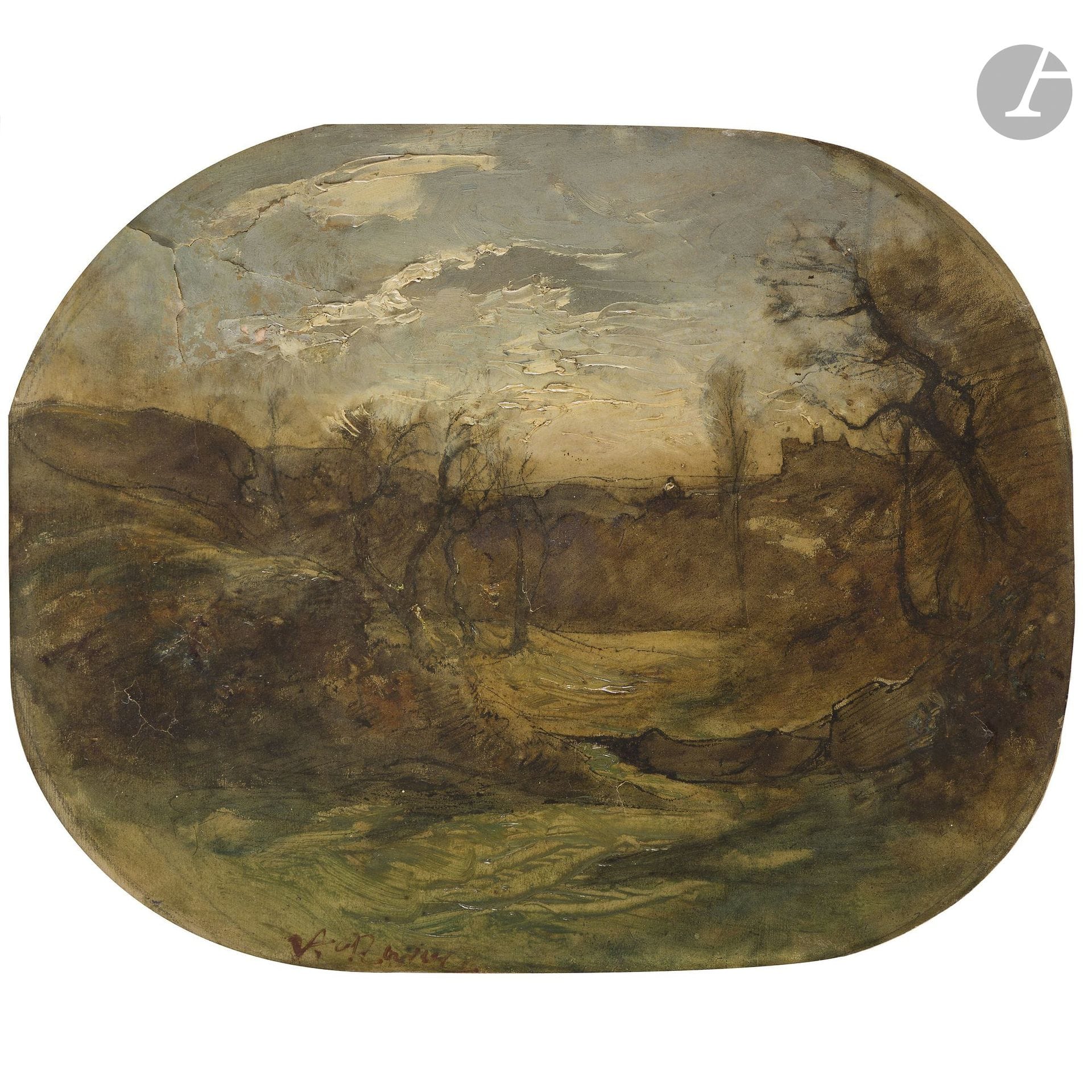 François-Auguste RAVIER 
(Lyon 1814 – Morestel 1895)
Landscape of the Dauphiné
Oil on paper mounted on canvas, framed in a faux oval.
Signed in the lower center in red with a brush: “A. Ravier.”
(Tears and missing sections).
33 x 46 cm

We would like to thank Ms. Christine Boyer Thiollier for the information she provided.