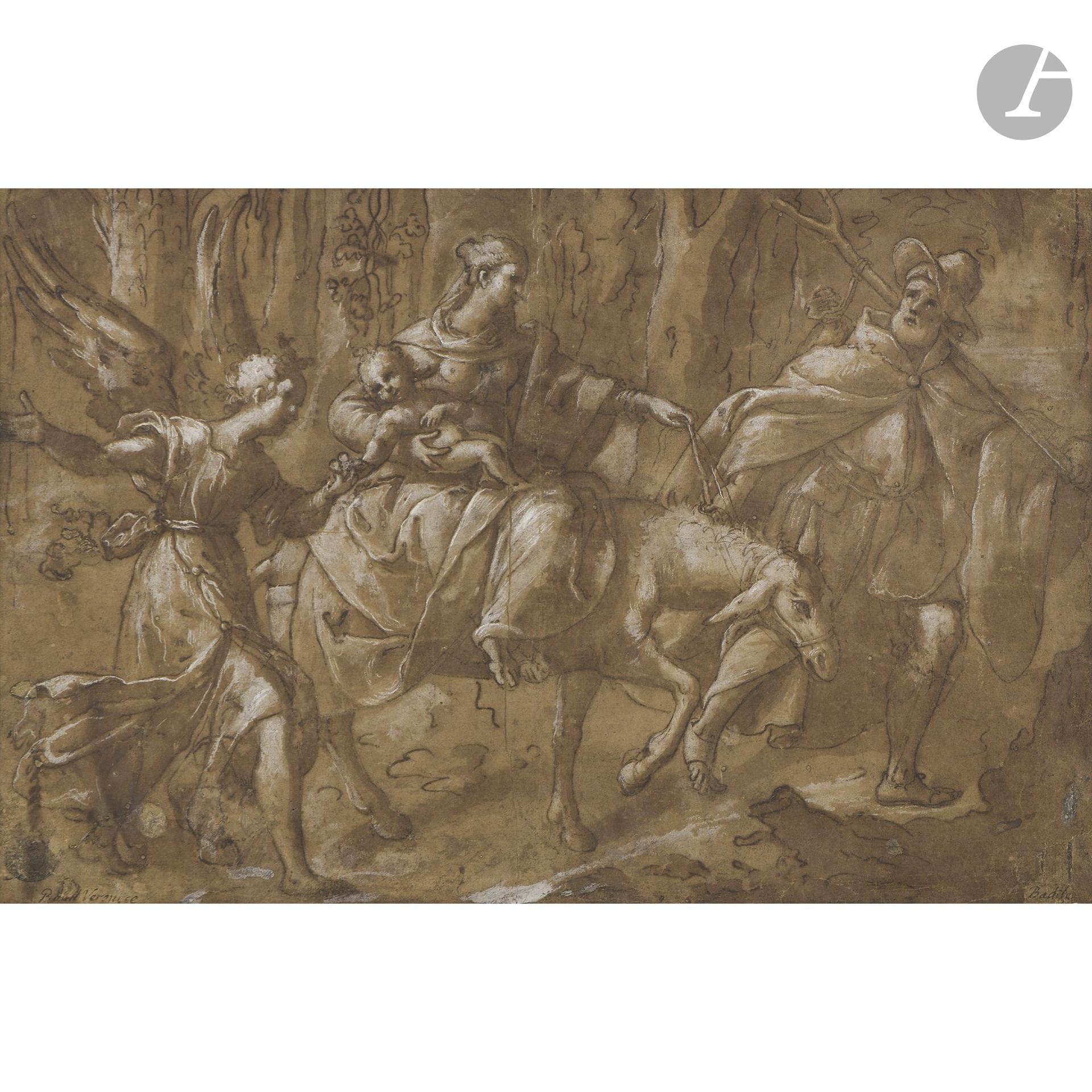 Attributed to Antonio II BADILE (Verona, 1517–1560)
The Flight into Egypt 
Pen, brown ink, and brown wash over black pencil lines, with highlights in white gouache on blue paper.
Annotated in pen in the lower left: “Badile Veronese” and in the lower right: “Badile”; monogrammed on the reverse (John Barnard?).
Barely legible collector’s stamp in the lower left.
(Vertical creases down the center; restored corner in the lower right; slight sun damage; small stains and small holes).
24.5 x 37 cm

Provenance:
- Charles Rogers, April 14, 1803, First Day, no. 29.
- Formerly in the collection of A. A. de Pass; his stamp on the reverse of the mount in the lower right corner (Lugt 2014e).
- Formerly in the collection of the Royal Institution of Cornwall, a gift from A. A. de Pass (Lugt 108a) in the lower left corner.
- Terence Mullaly, London.
- Galerie Tarantino, Paris.

Bibliography:
- Terence Mullaly, *Disegni Veronesi del Cinquecento*, Venice, Neri Poza ed., 1971, pp. 36–37, no. 24, reproduced (belonging to the author).
- George Penrose, *Catalogue of the Pass Collection*, 1936, p. 17, no. 125.
- Getty Provenance Index, Sale Catalog Br-A2406, lot 0017.