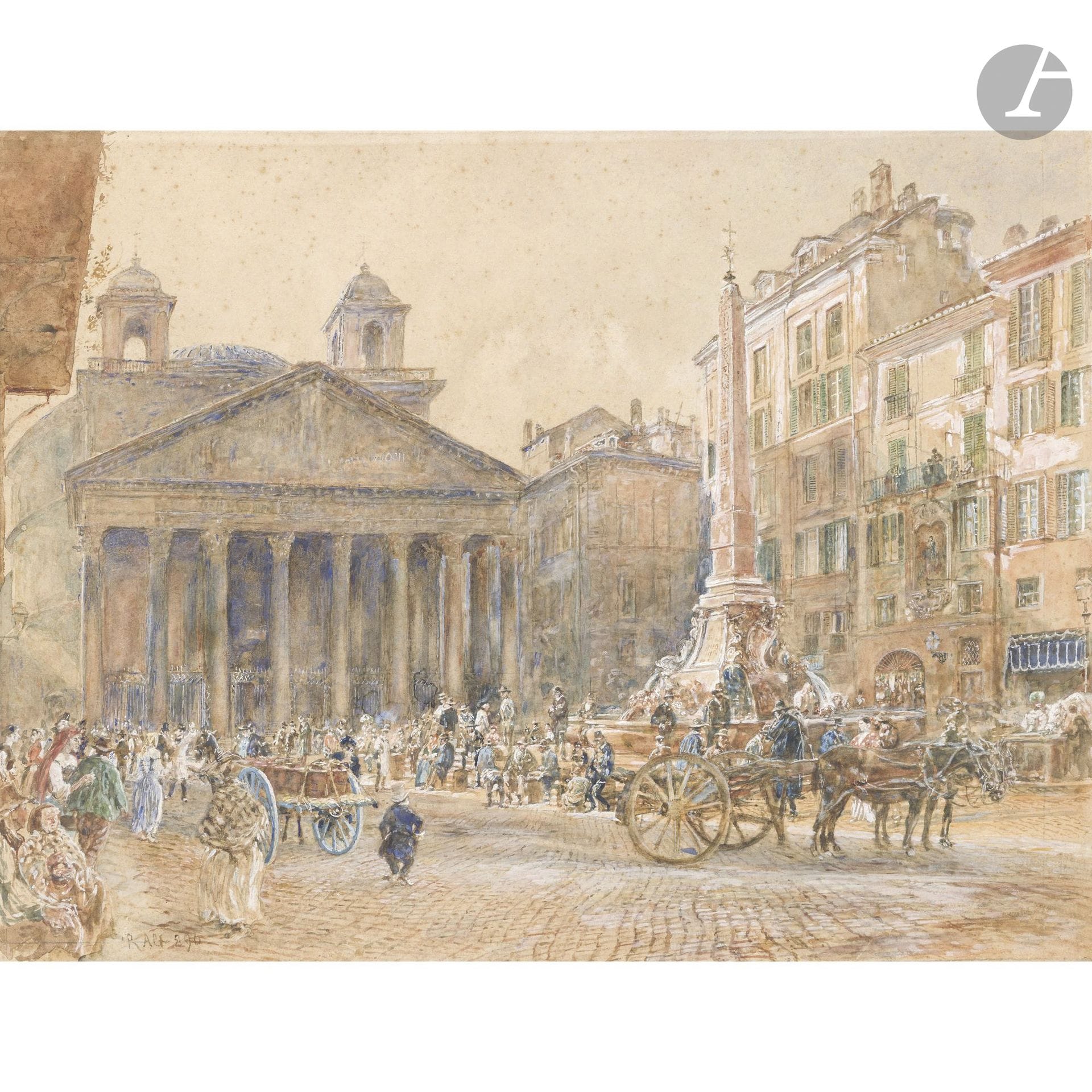 Rudolf VON ALT 
(Alservorstadt 1812–1905)
The Pantheon and Piazza della Rotonda in Rome, 1896
Watercolor and gouache over graphite lines.
Signed and dated lower left.
(Flecks of discoloration).
42 x 55 cm