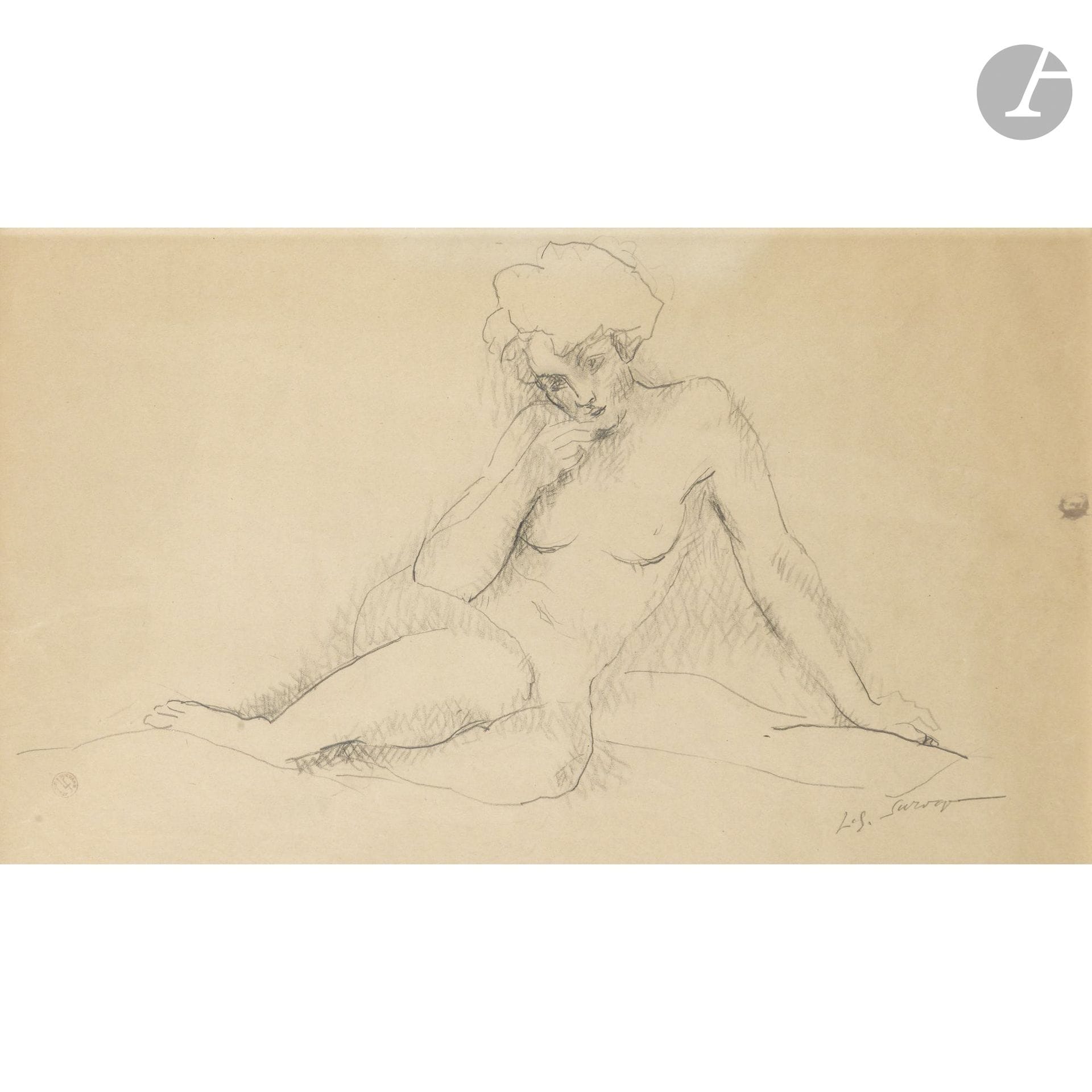Léopold SURVAGE (1879–1968)
Seated Nude
Graphite.
Signed lower right.
Bears the “Atelier Survage” stamp in the lower left corner. 
(Creases, a stain along the right edge).
24.5 x 40.5 cm