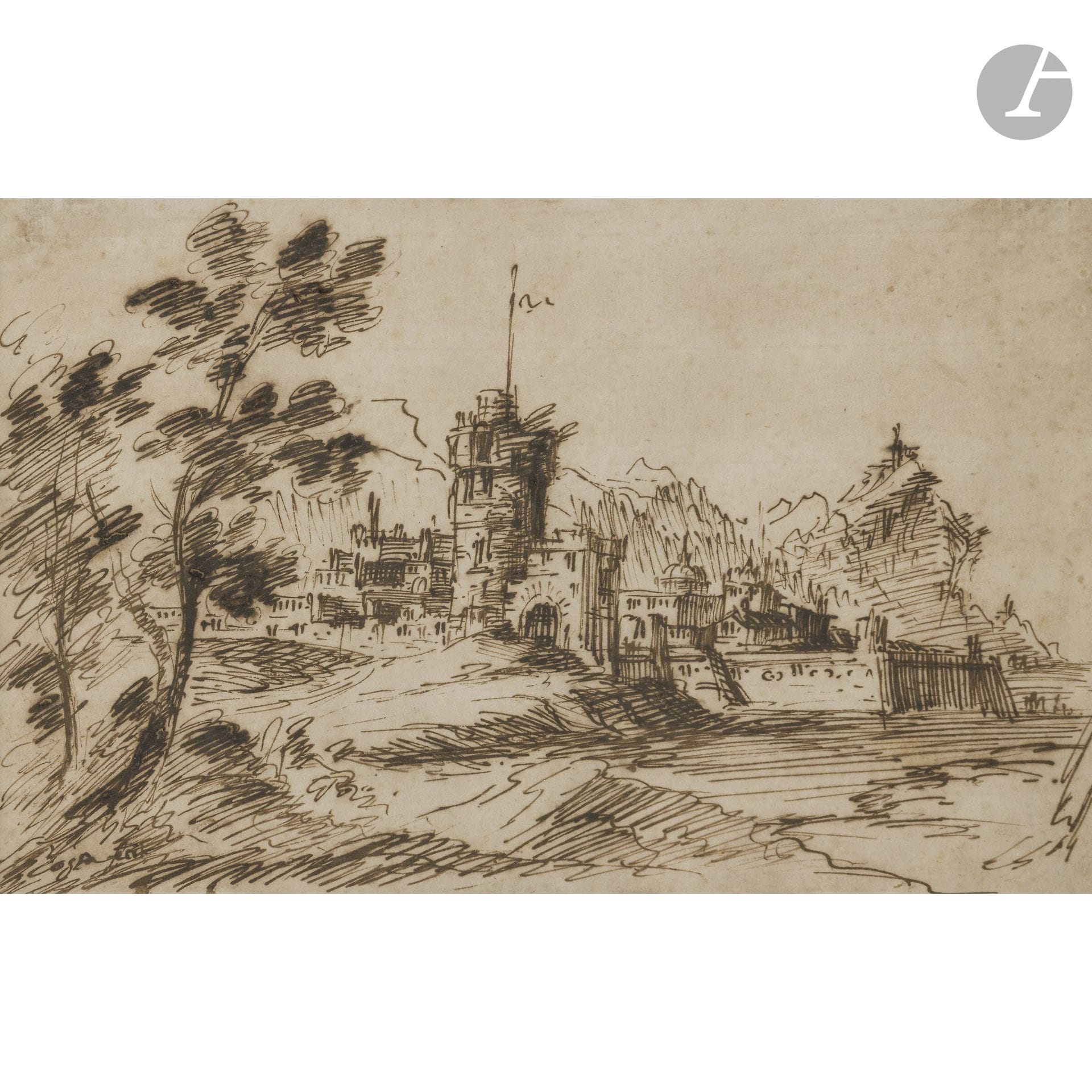 ITALIAN SCHOOL, c. 1800
Imaginary Landscape
Pen and brown ink.
Fake signature “Rosa” in the lower left corner.
(Pinholes, slightly sun-faded).
18 x 27 cm