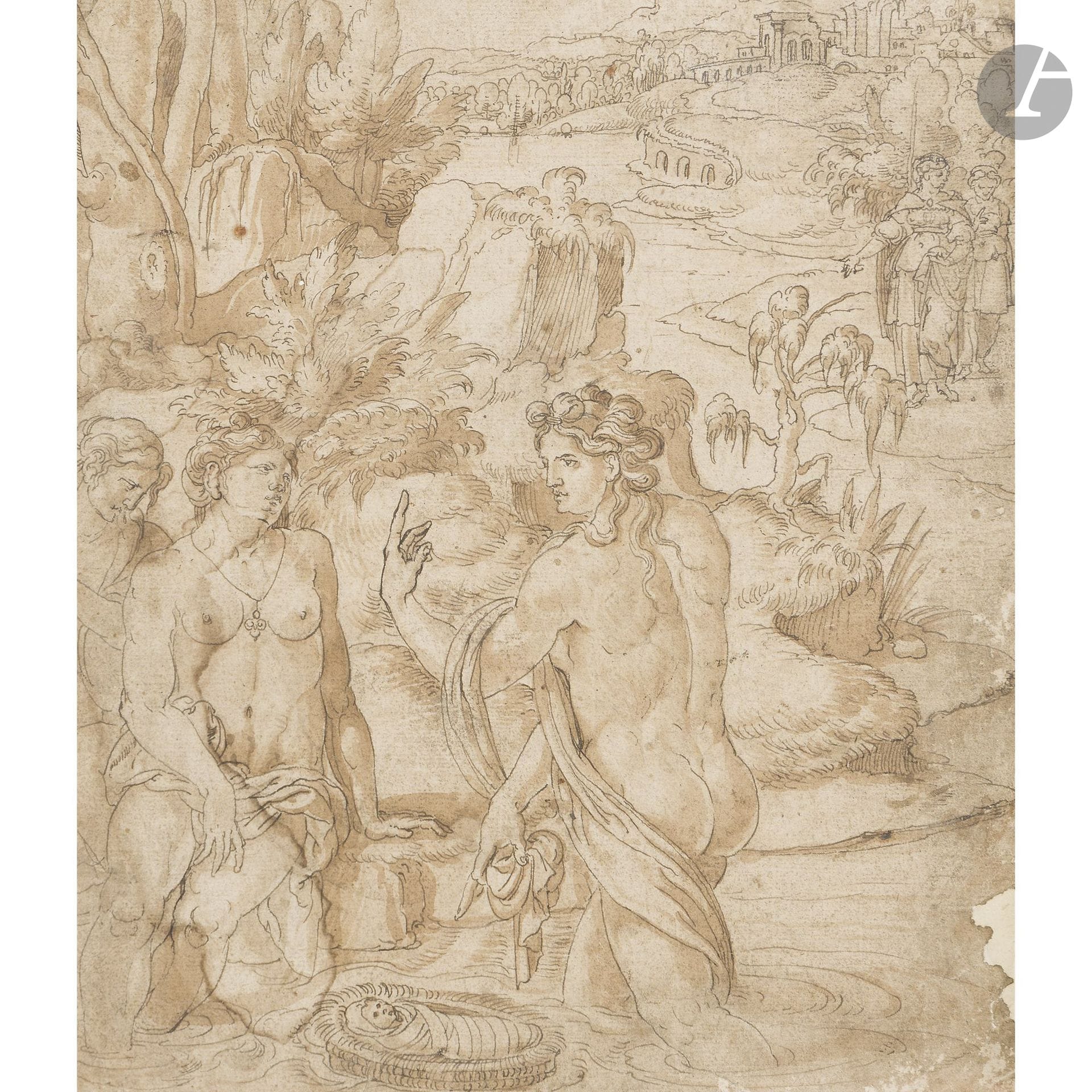 Attributed to Jan SWART van GRONINGEN (1500–Antwerp 1560) 
The Finding of Moses 
Pen, India ink, and brown wash over black pencil lines.
(Duplexed drawing; losses in the lower right; sun-faded; stains and small holes).
19.4 x 23.2 cm

Bibliography:
Netherlandish Drawings of the Fifteenth and Sixteenth Century in the Rijksmuseum, Text, pp. 161 and 162, Plates, nos. 439 and 443, pp. 167.

Provenance:
Anonymous sale, Sotheby’s, New York, January 31, 2018, lot 232.

This may be a drawing for a stained-glass window. The style is reminiscent of Swart: the fine line, the rendering of the trees and faces, and the very long fingers.