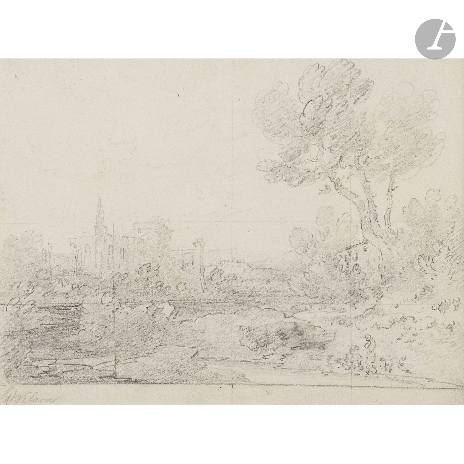 Three original drawings by Nasmyth and one original drawing by Wilson mounted in an antique Rivière &amp; Sons album
Landscapes.
Black pencil (3) and pen and ink (1).
Various sizes.

Provenance: 
Me Rheims auction, Hôtel Drouot, Paris, May 27, 1963, lot 58.