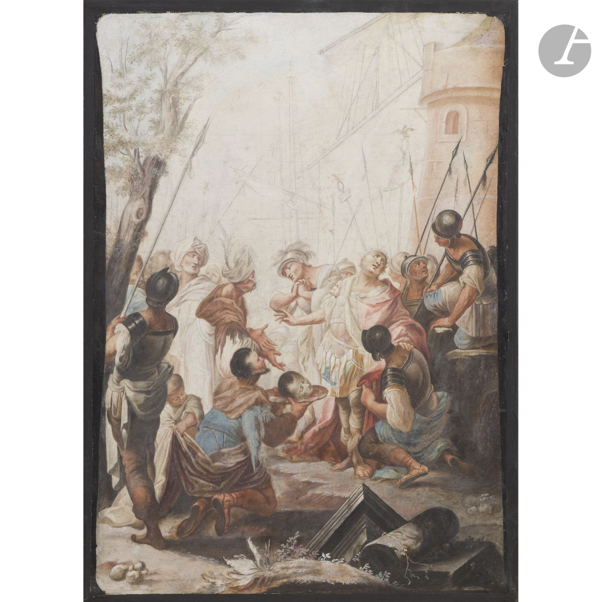 Attributed to Arnold HOUBRAKEN
(Dordrecht 1660 – Amsterdam 1719)
Consul Manlius Torquatus has his son beheaded for disobeying him
Gouache over black pencil lines on vellum.
Gridded; central section unfinished.
(Some surface wear).
31 x 22 cm